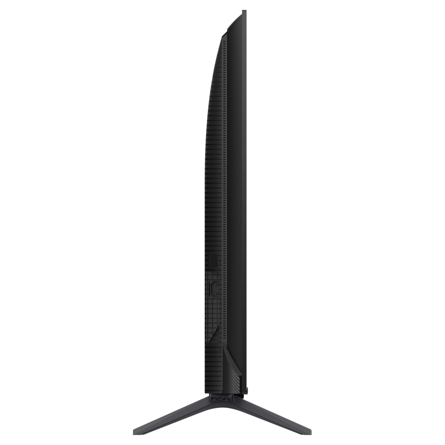 Vue latérale d'une télévision noire avec un pied, cadre noir, fond noir.