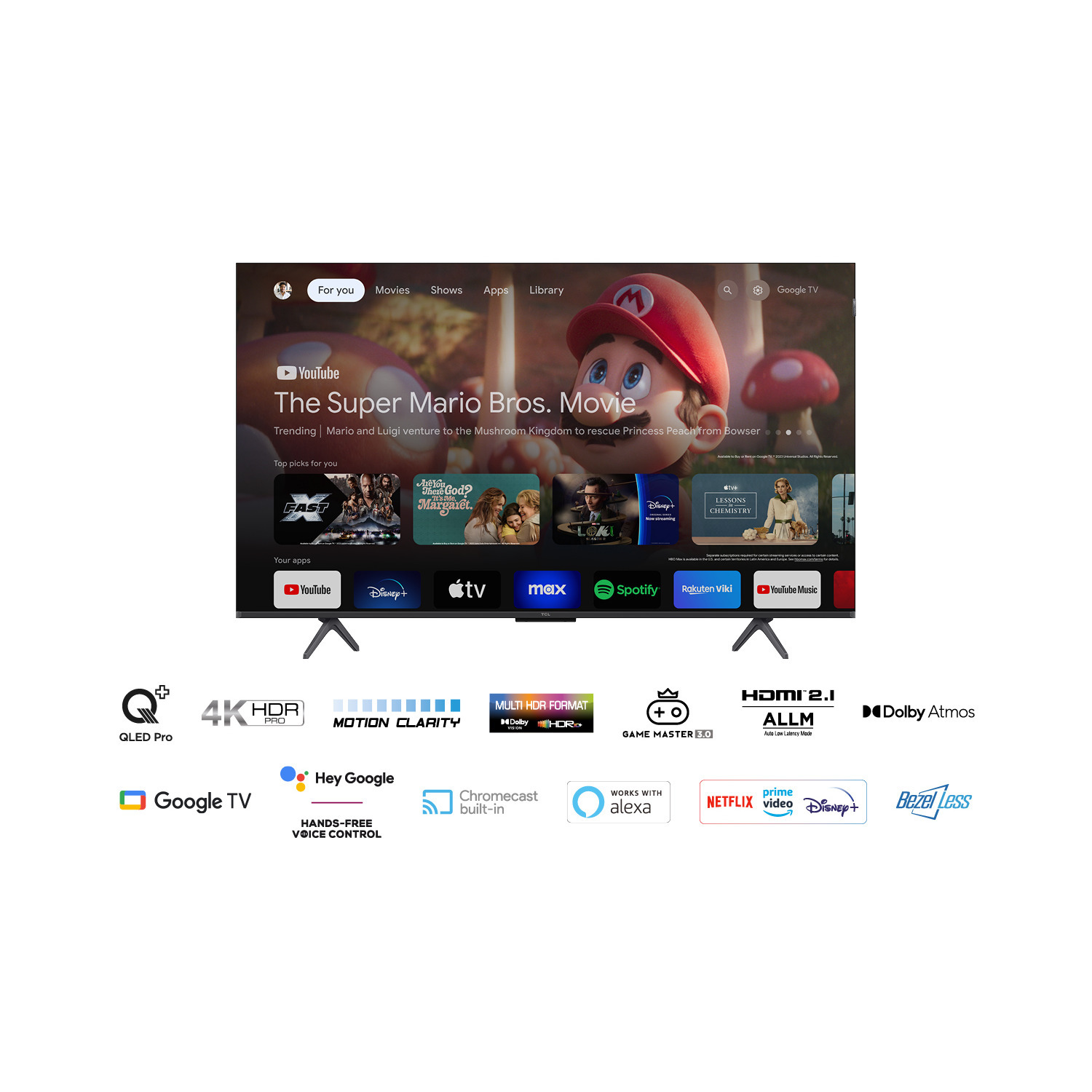 Un écran de télévision affiche une scène de film. Des logos de services de streaming sont en bas de l'écran.