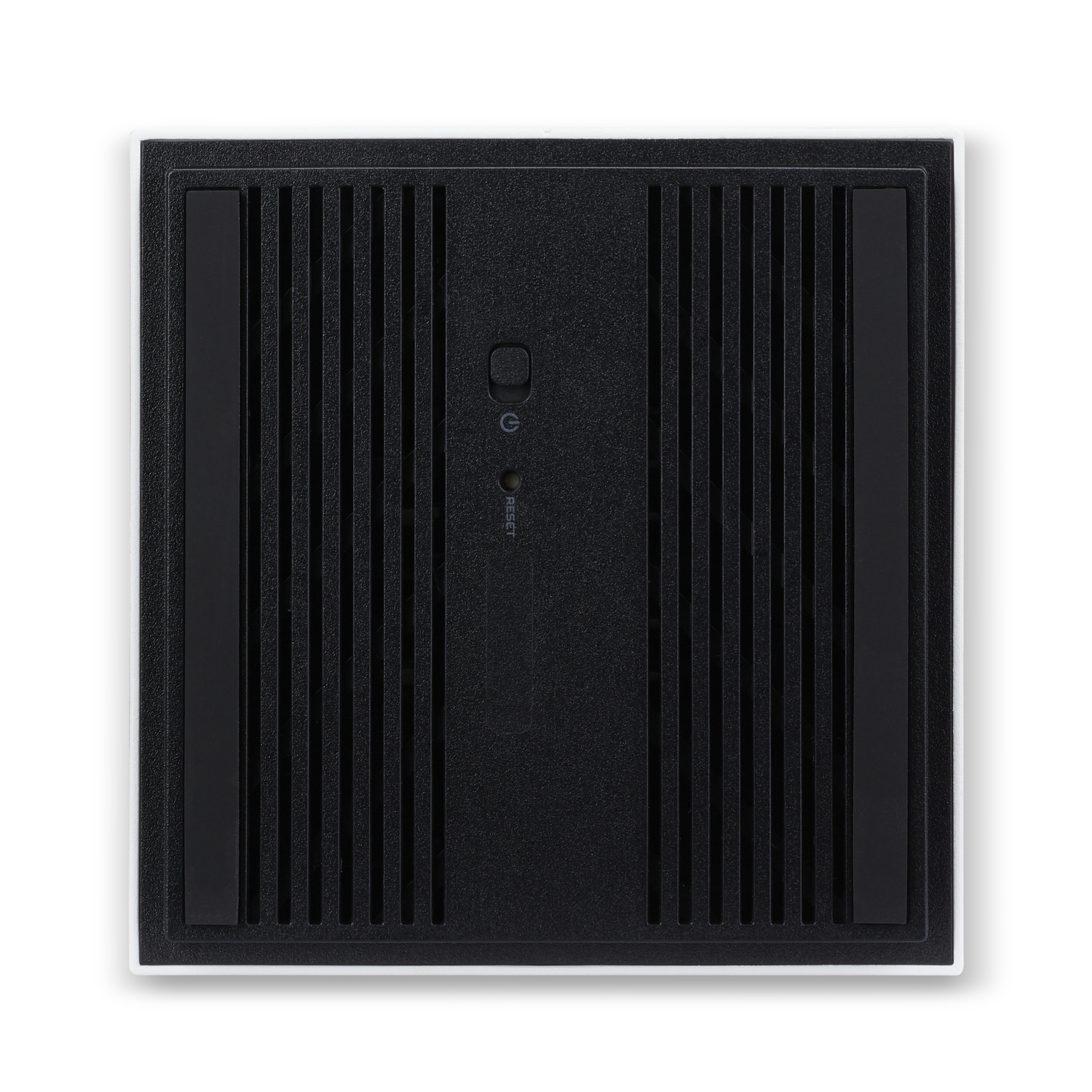A black square device with vertical lines and a button, on a white background.