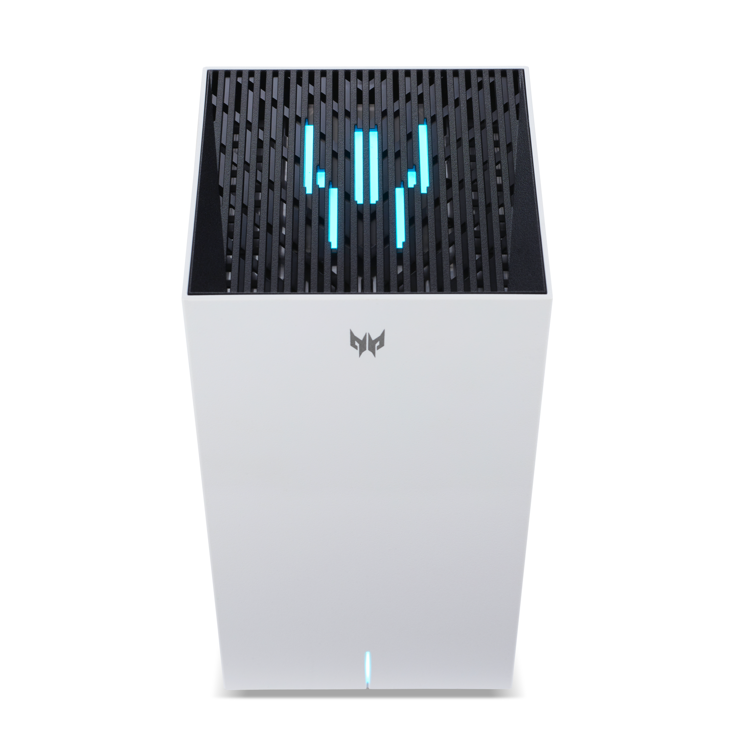 White computer case with glowing blue lights.