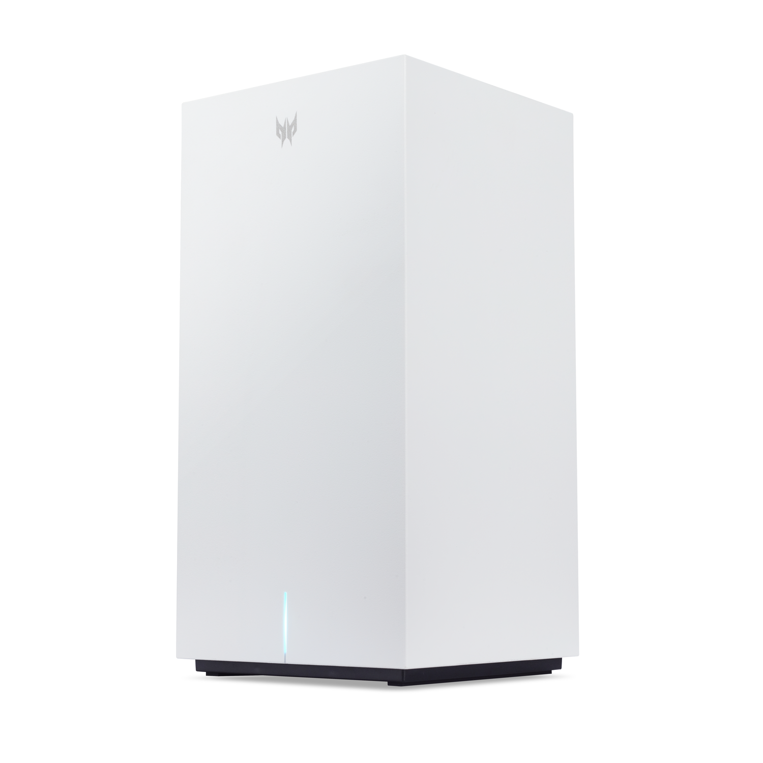 White computer tower with Predator logo and a blue light at the bottom.