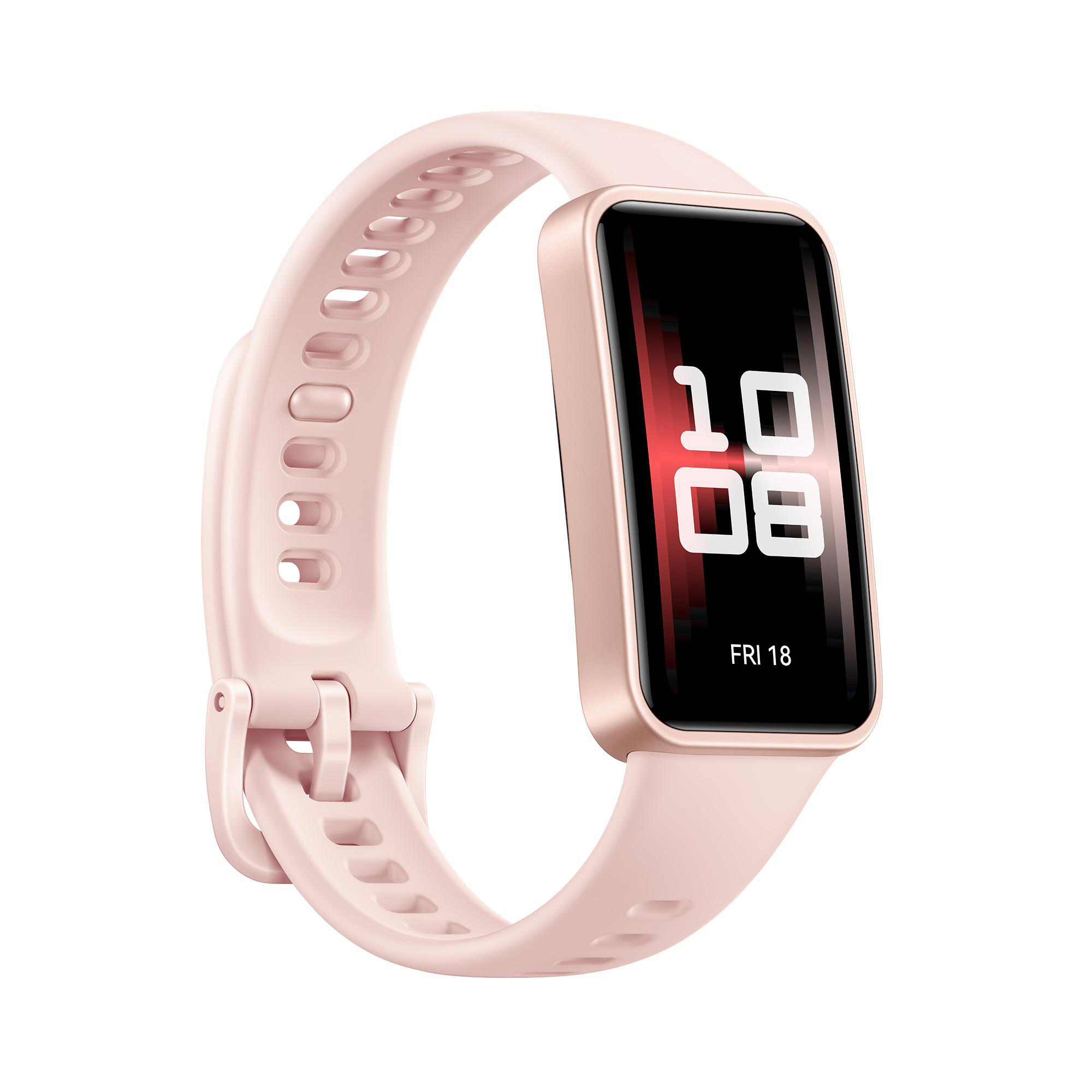 Ein rosa Fitnesstracker mit einem schwarzen Bildschirm, der Datum und Uhrzeit anzeigt, und einem rosa Armband.