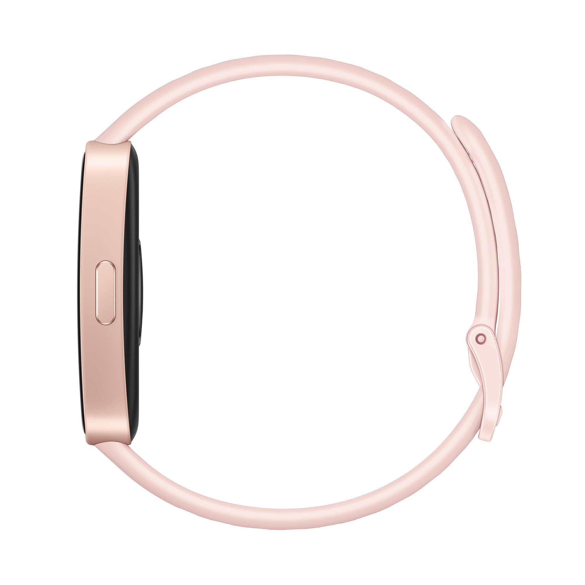 Eine roségoldene Smartwatch wird von der Seite gezeigt. Das Armband ist gebogen, der Bildschirm rechteckig.