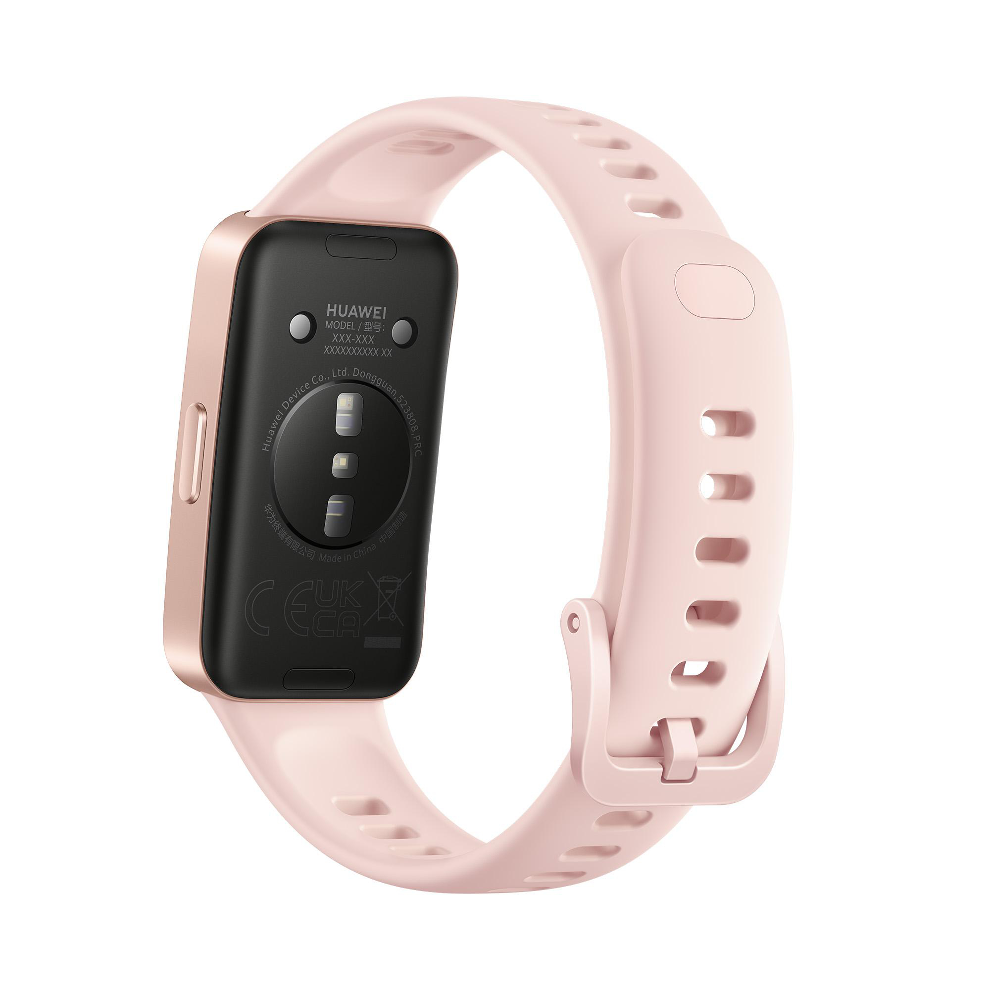 Ein pinkfarbener Huawei Fitnesstracker mit pinkfarbenem Armband. Die Rückseite zeigt Modelldetails und Zertifizierungen.