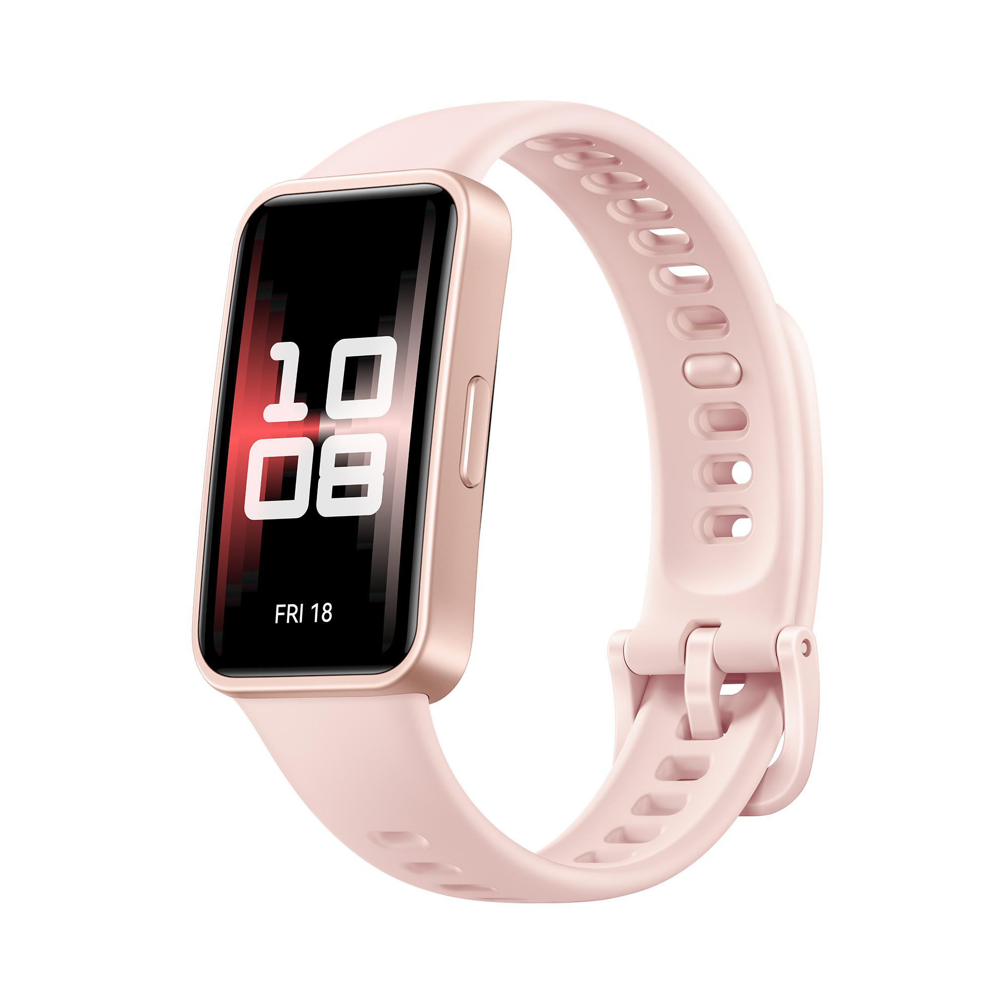 Rosafarbene Smartwatch mit rechteckigem Bildschirm, der Zeit und Datum anzeigt, mit pinkfarbenem Armband.