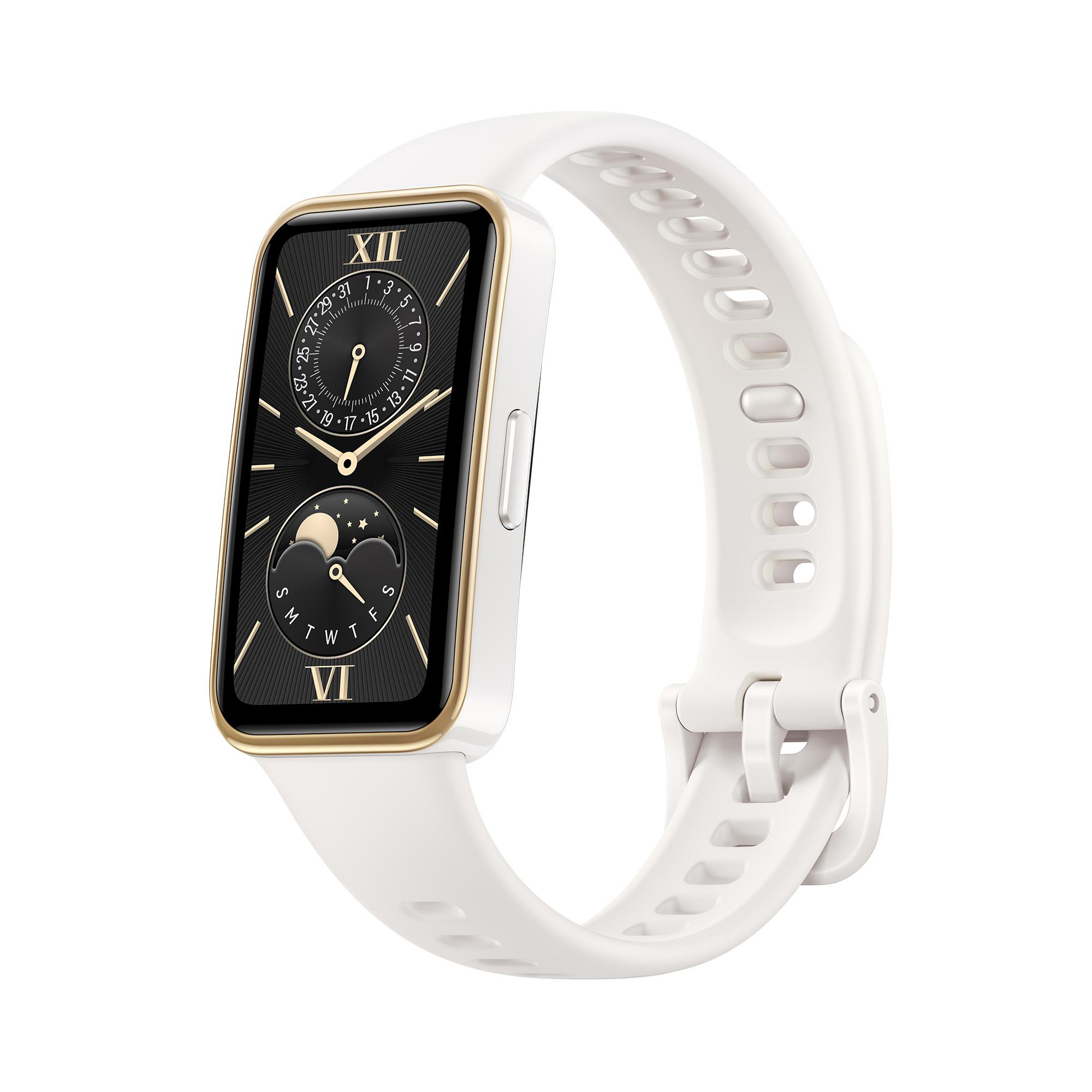 Eine weiße Smartwatch mit goldenem Rahmen und schwarzem Bildschirm mit Zeitanzeige.