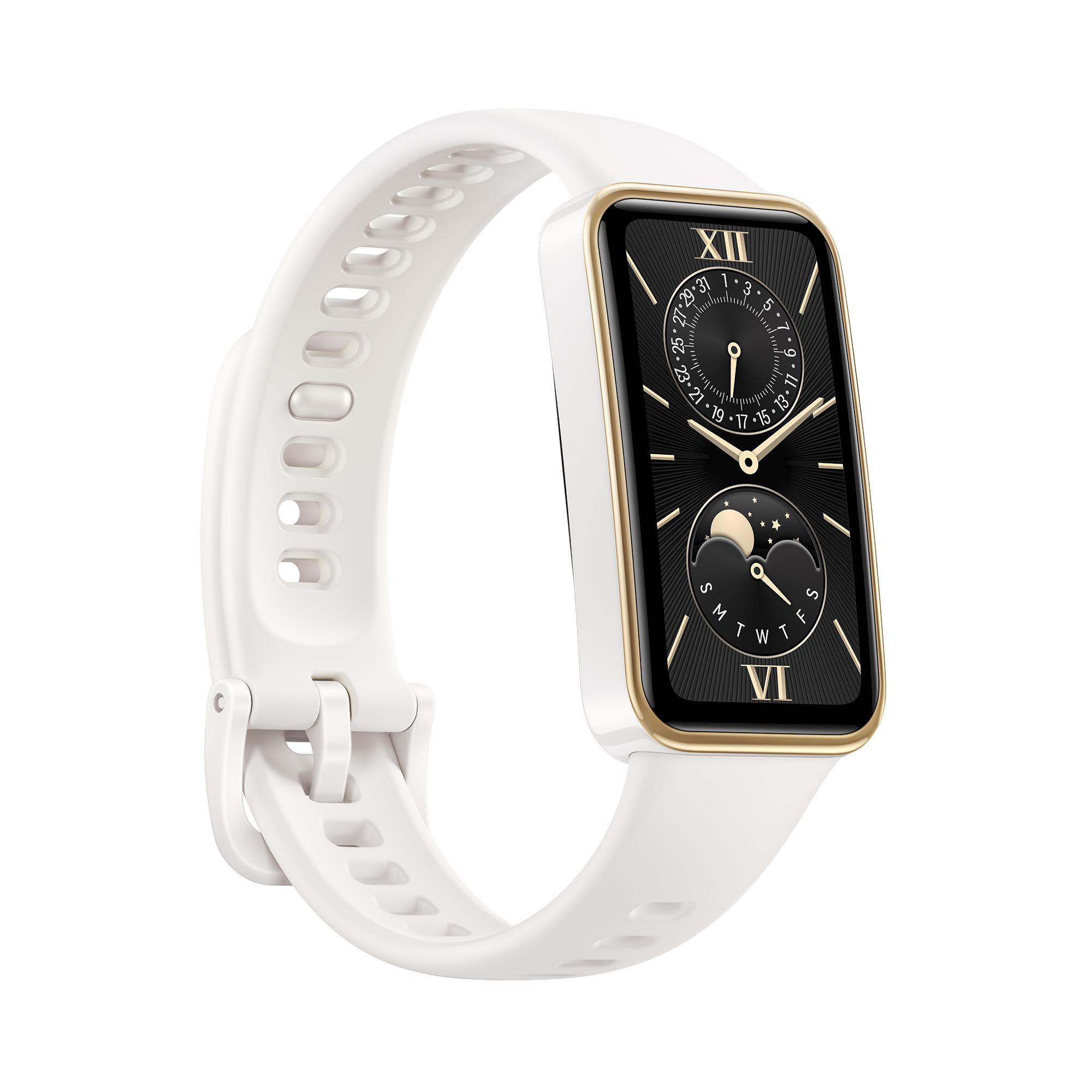 Weiße Smartwatch mit goldener Lünette und schwarzem Bildschirm mit Uhrzeit.
