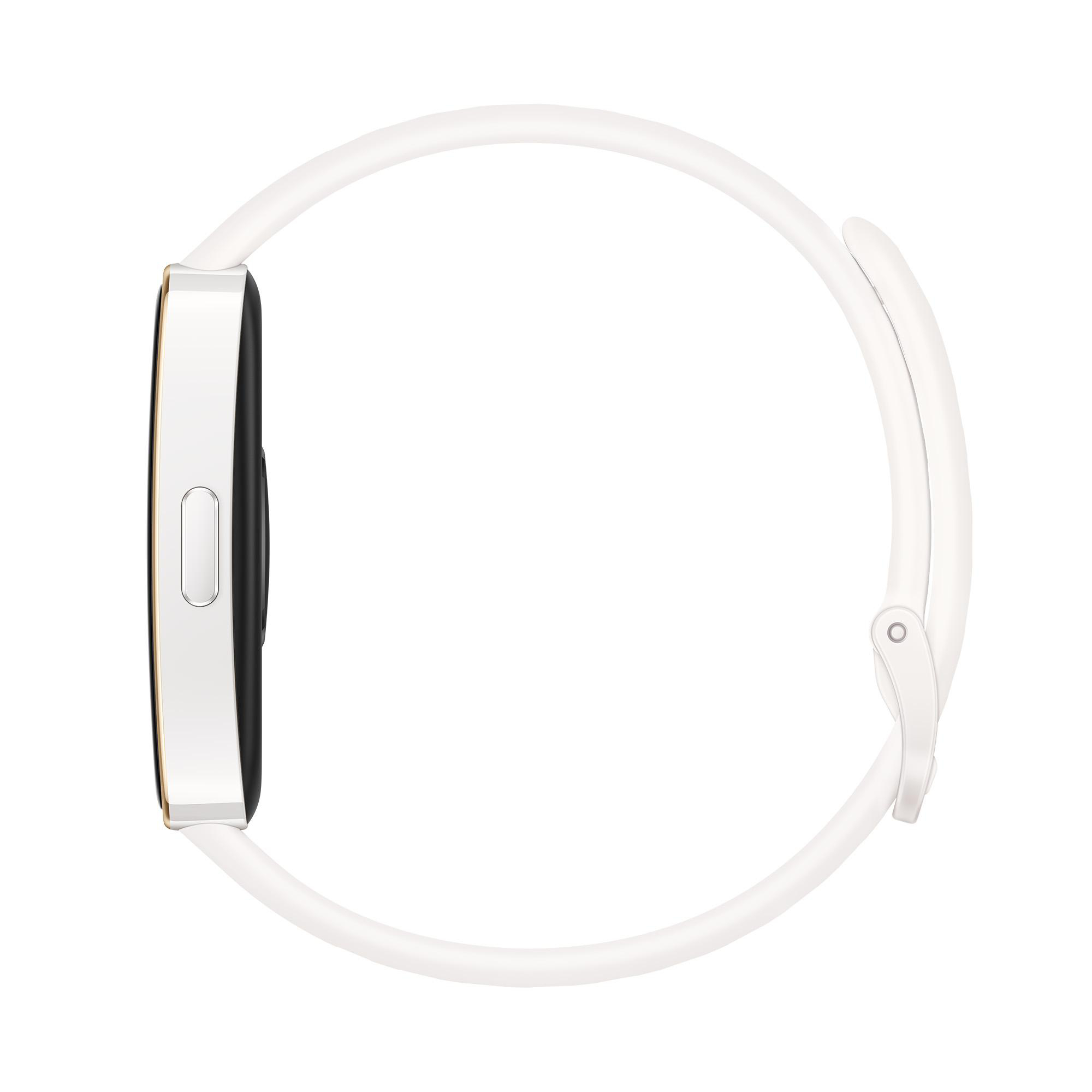 Eine weiße Smartwatch mit rechteckigem Zifferblatt und weißem Armband, von der Seite gesehen.