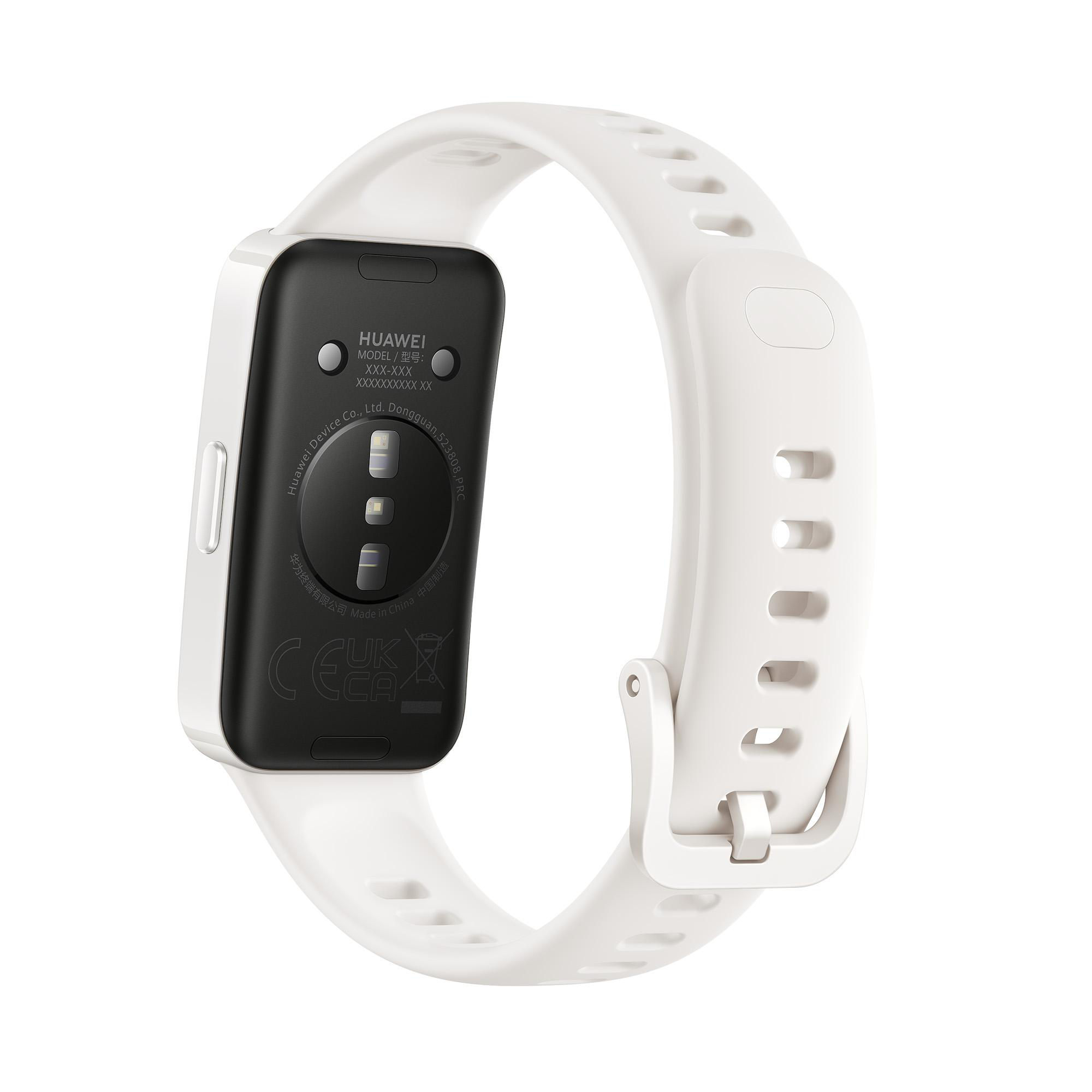 Ein weißer Huawei Fitness-Tracker mit weißem Armband. Die Rückseite zeigt Marken- und Produktinformationen.