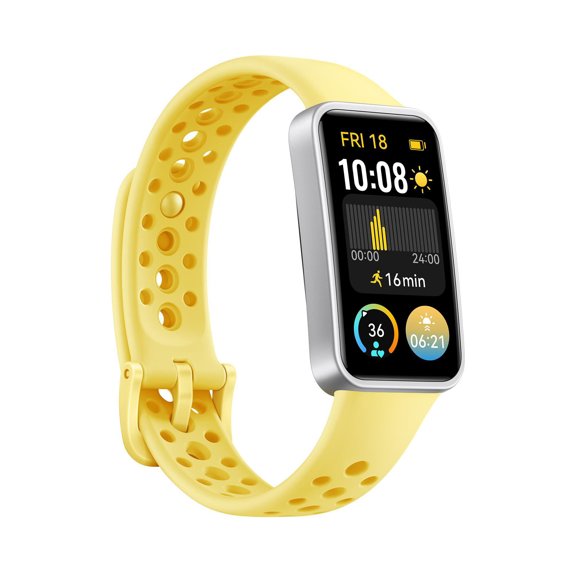 Gelbe Smartwatch mit gelbem Armband, zeigt Zeit und Aktivitätsmetriken.