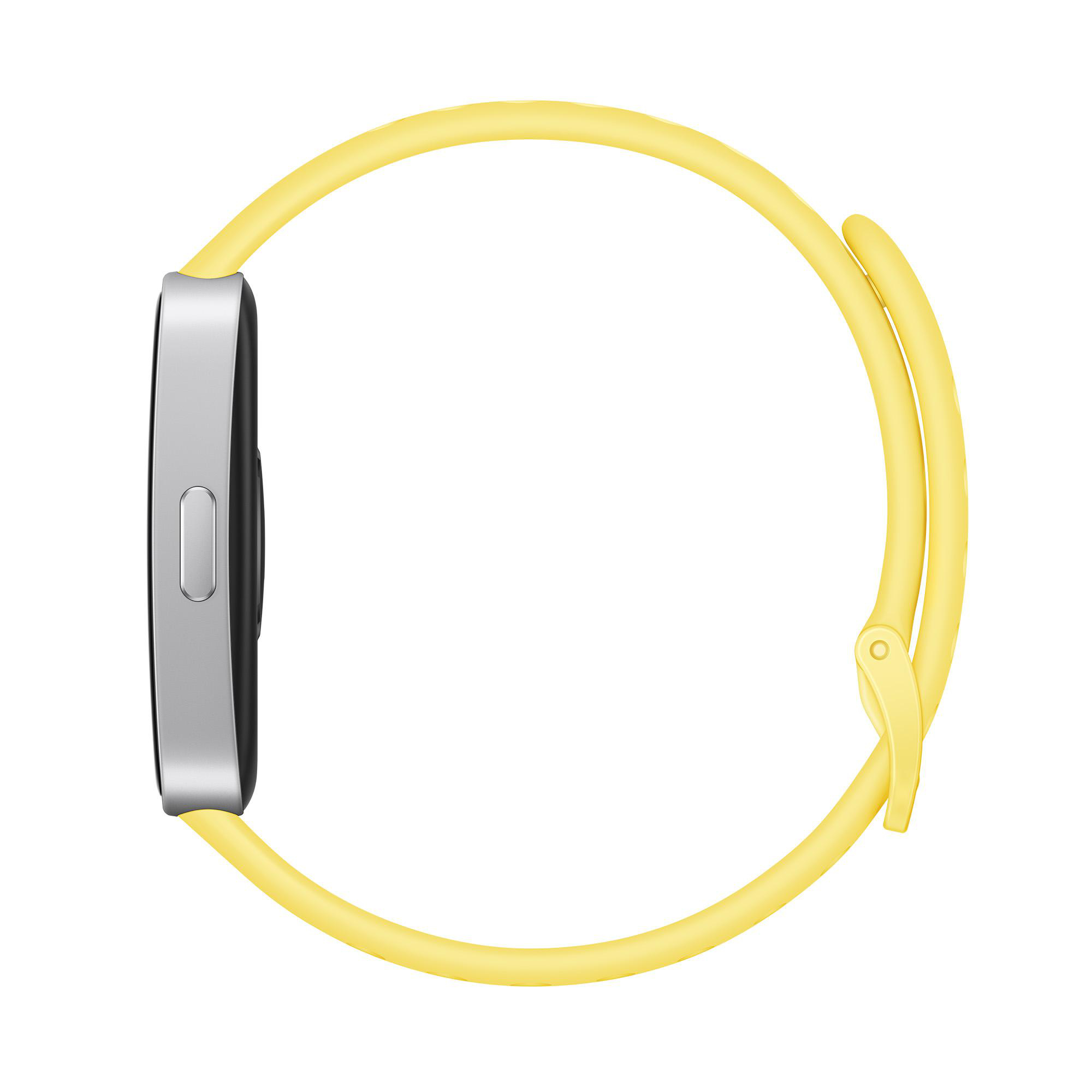 Gelbe Smartwatch mit gelbem Armband, Seitenansicht.