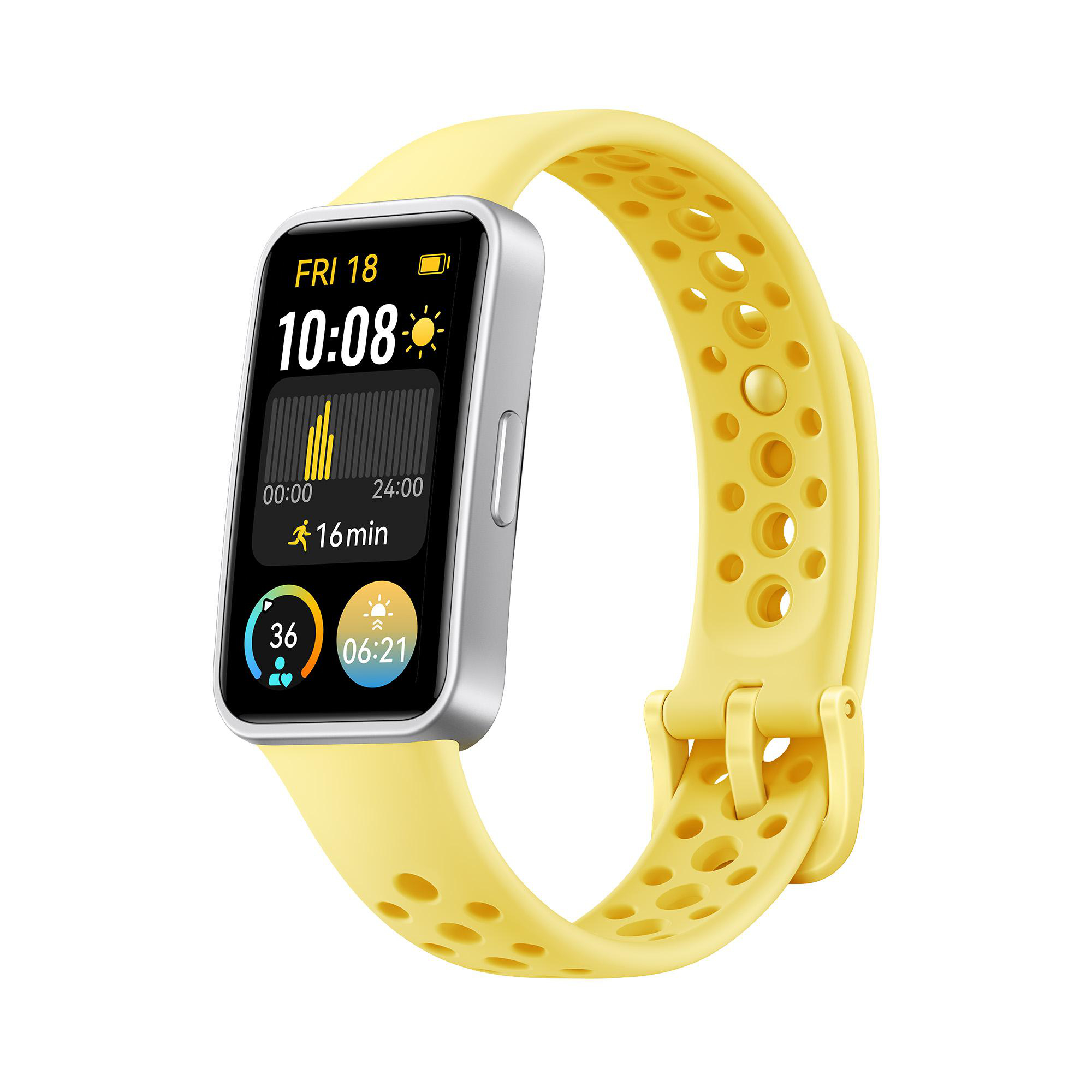 Gelbe Smartwatch mit schwarzem Bildschirm, zeigt Zeit und gelbes Armband. Fitness-Tracker.