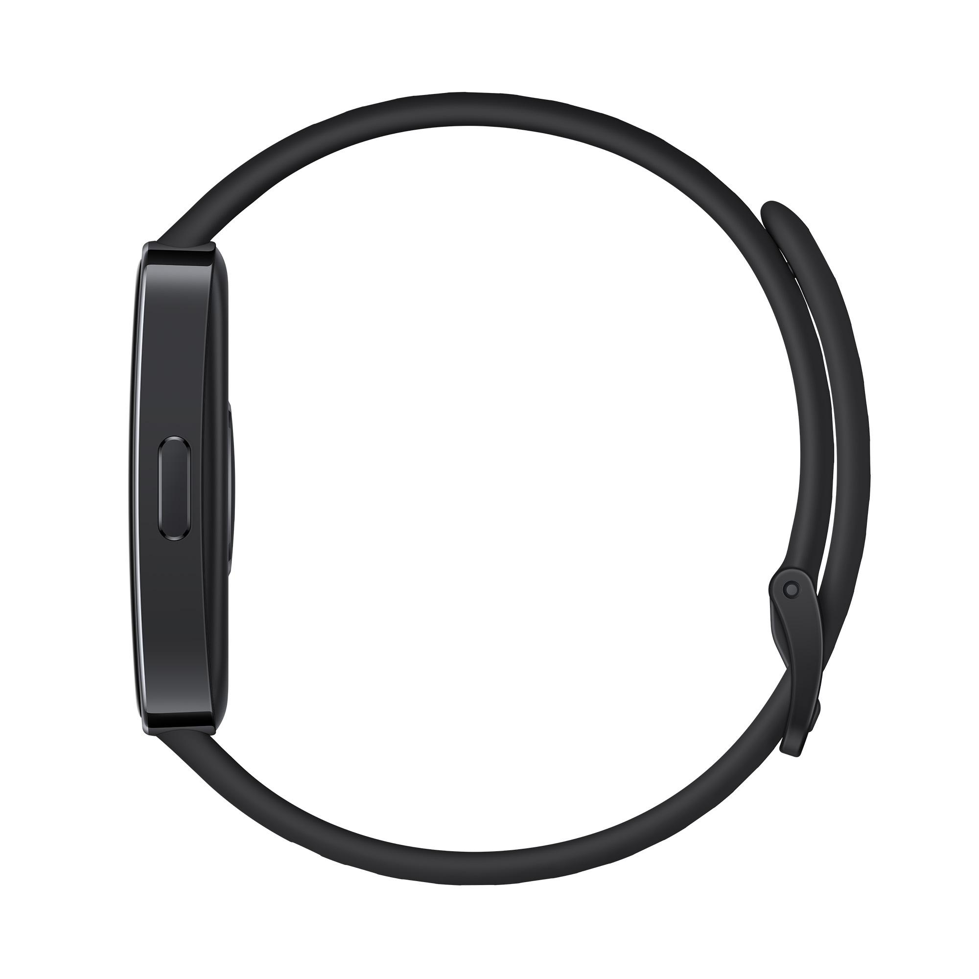 Seitenansicht einer schwarzen Smartwatch mit gebogenem Bildschirm und schwarzem Armband. Das Armband ist verbunden.
