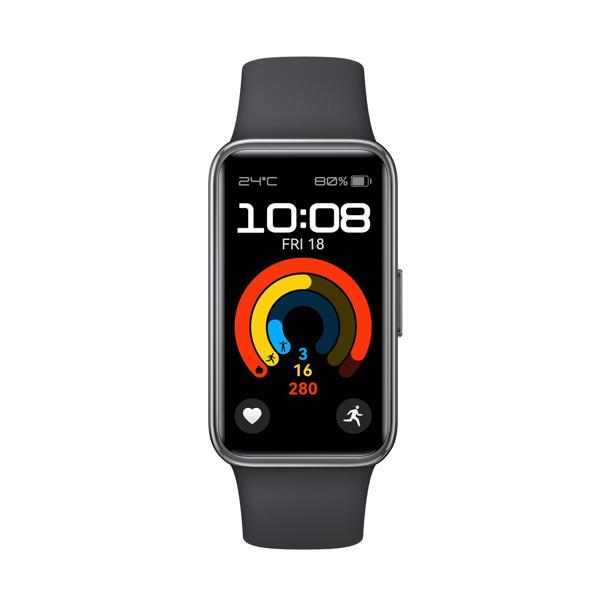 Eine schwarze Smartwatch mit rechteckigem Bildschirm. Sie zeigt Zeit, Datum und Fitnessdaten an.