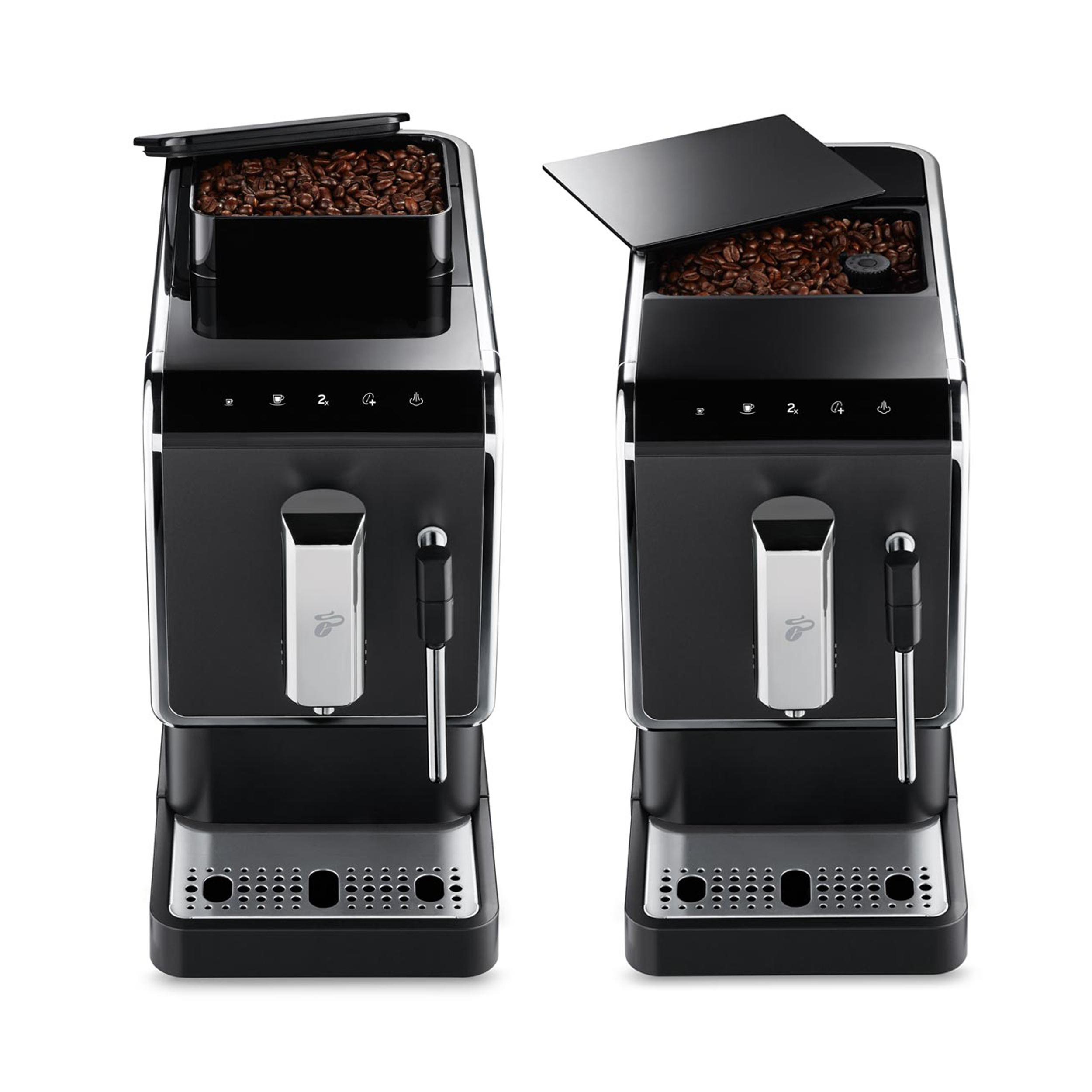 Zwei schwarze Kaffeemaschinen mit Bohnenbehältern, Ansicht von oben und vorne.