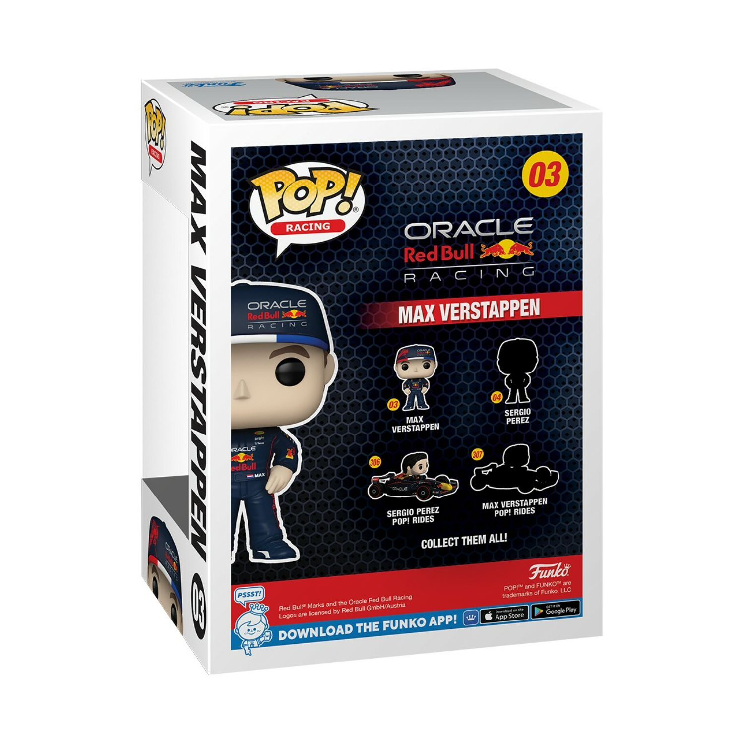 Funko Pop box of Max Verstappen, with images and text.
