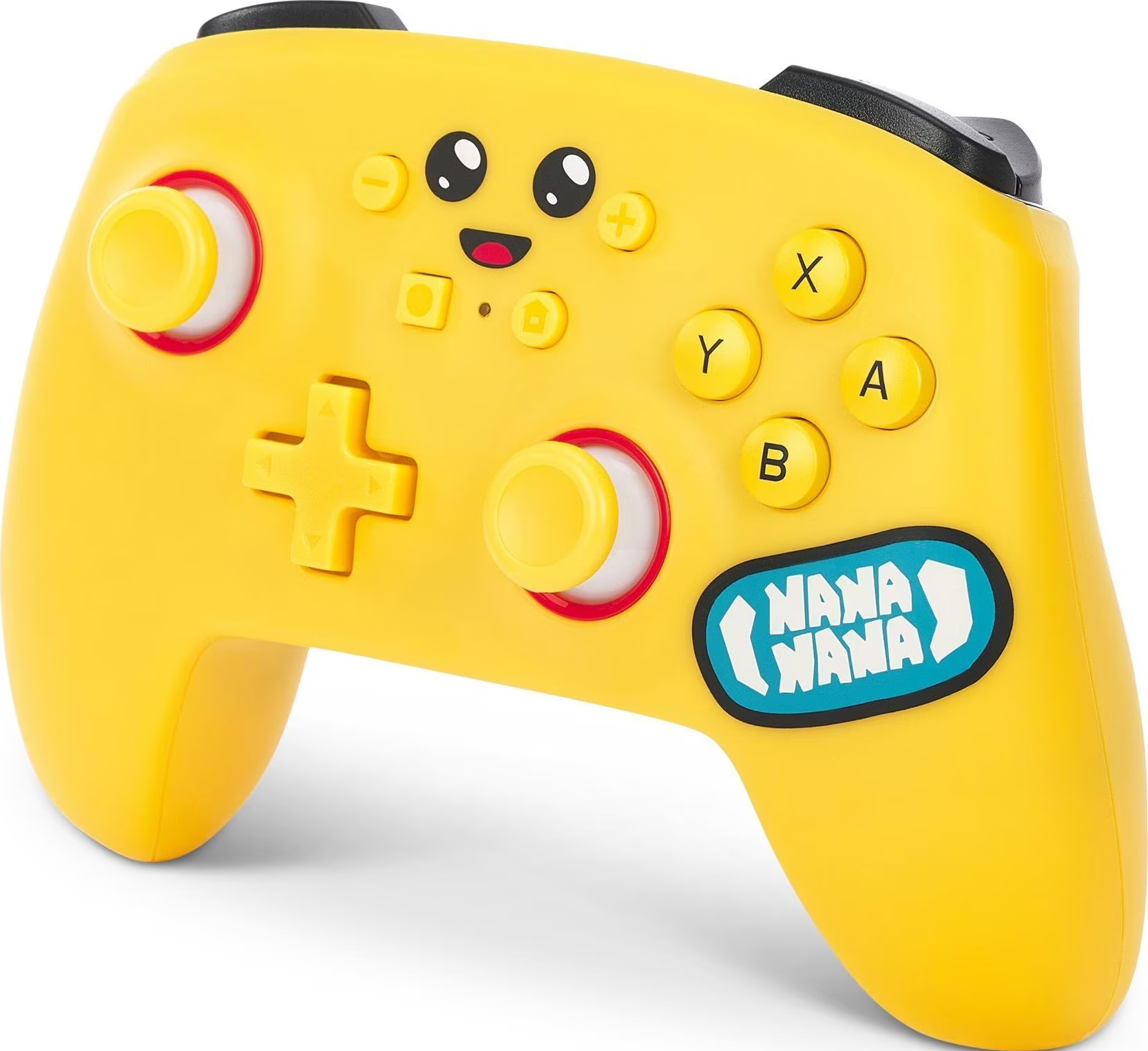 Manette jaune avec boutons et un visage. Le texte dit 'Nana Nana'.