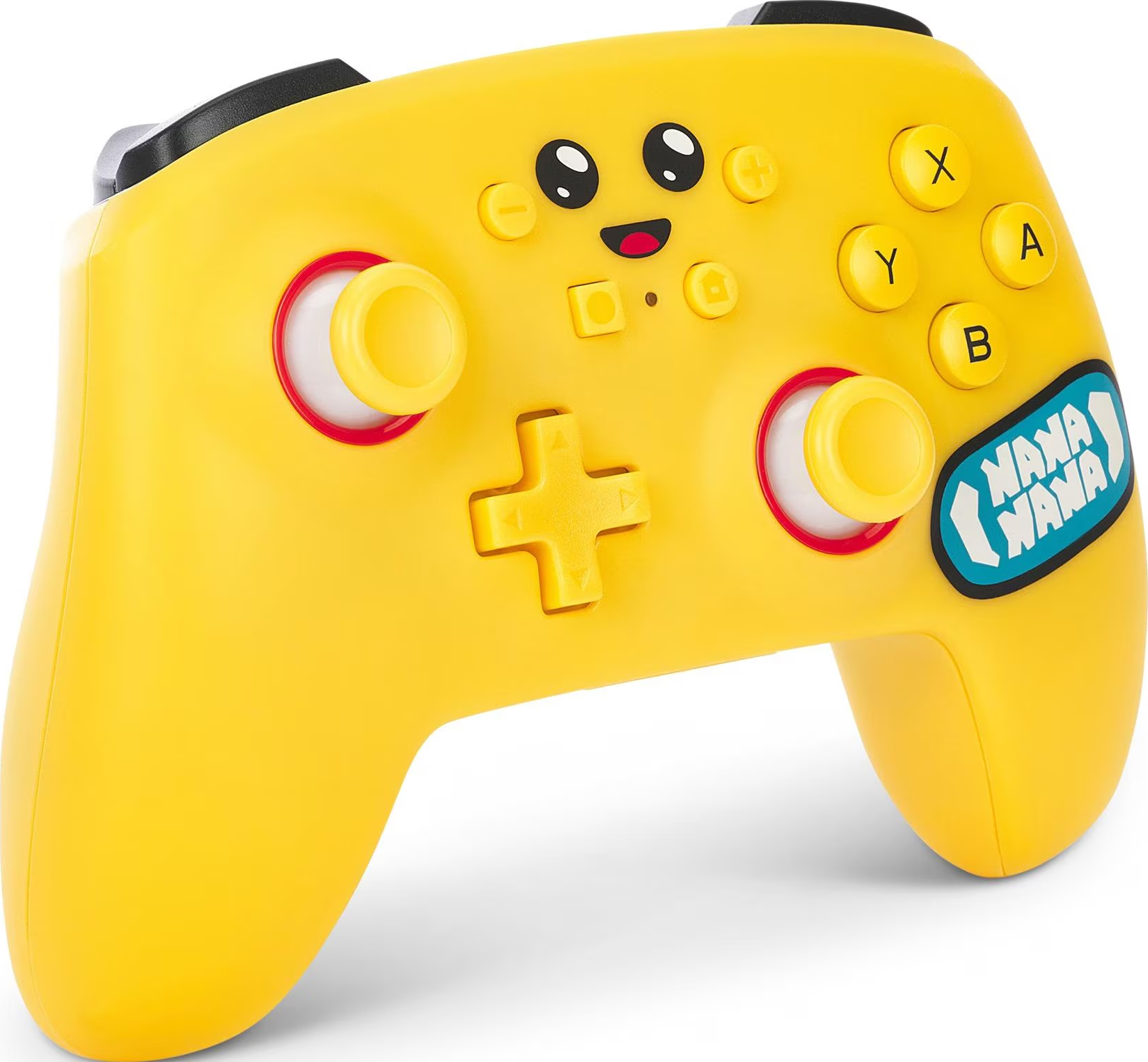 Manette de jeu jaune. Comporte des boutons, une croix directionnelle et un design de visage de dessin animé.