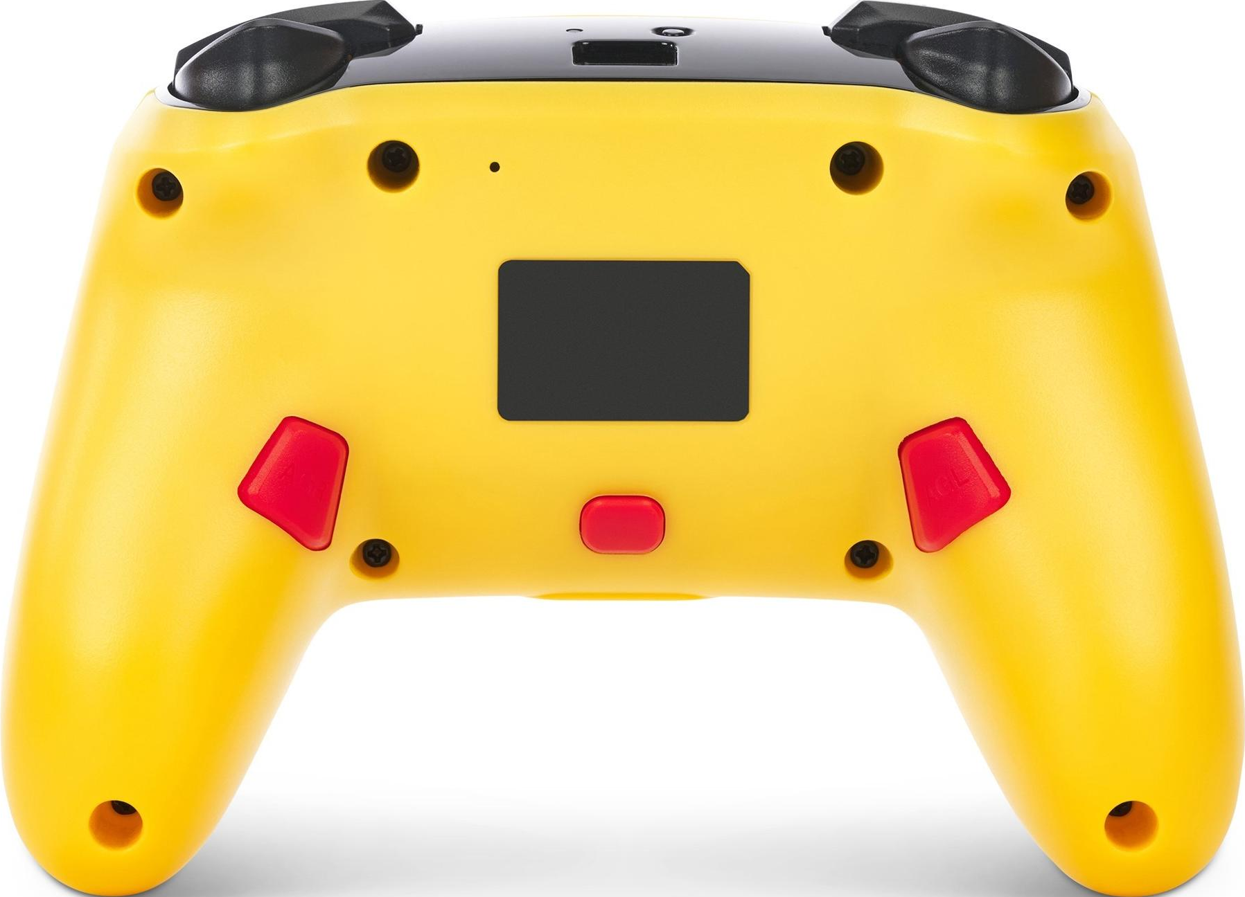Manette de jeu jaune avec boutons rouges et manettes noires, sur fond blanc.