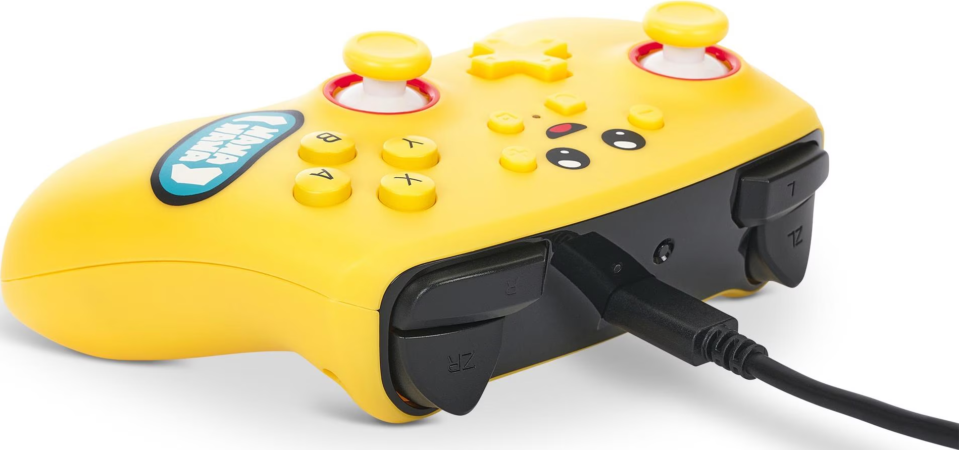 Manette Nintendo Switch jaune avec un design Pikachu, des boutons et un câble de chargement attaché.