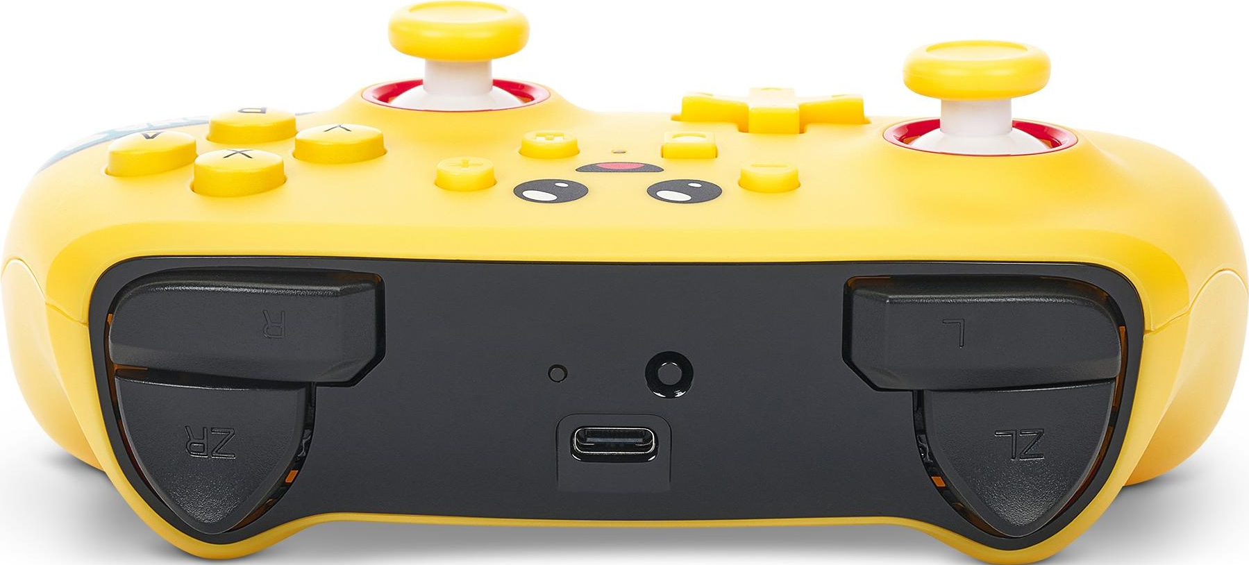 Manette de jeu jaune Pikachu, boutons et joysticks, dos noir avec boutons.