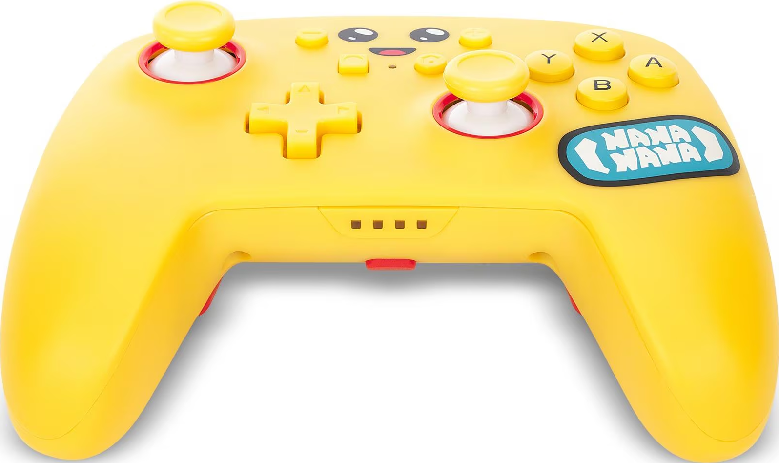 Manette de jeu jaune avec boutons et joysticks. La manette est jaune avec un logo bleu.