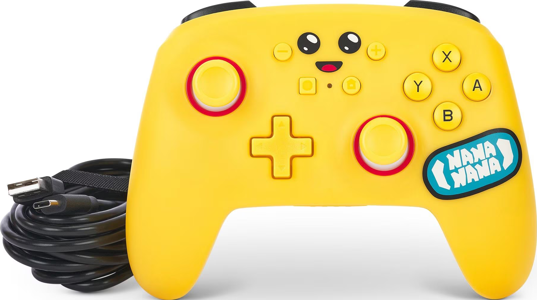 Manette jaune avec des boutons et un smiley, connectée à un câble USB.