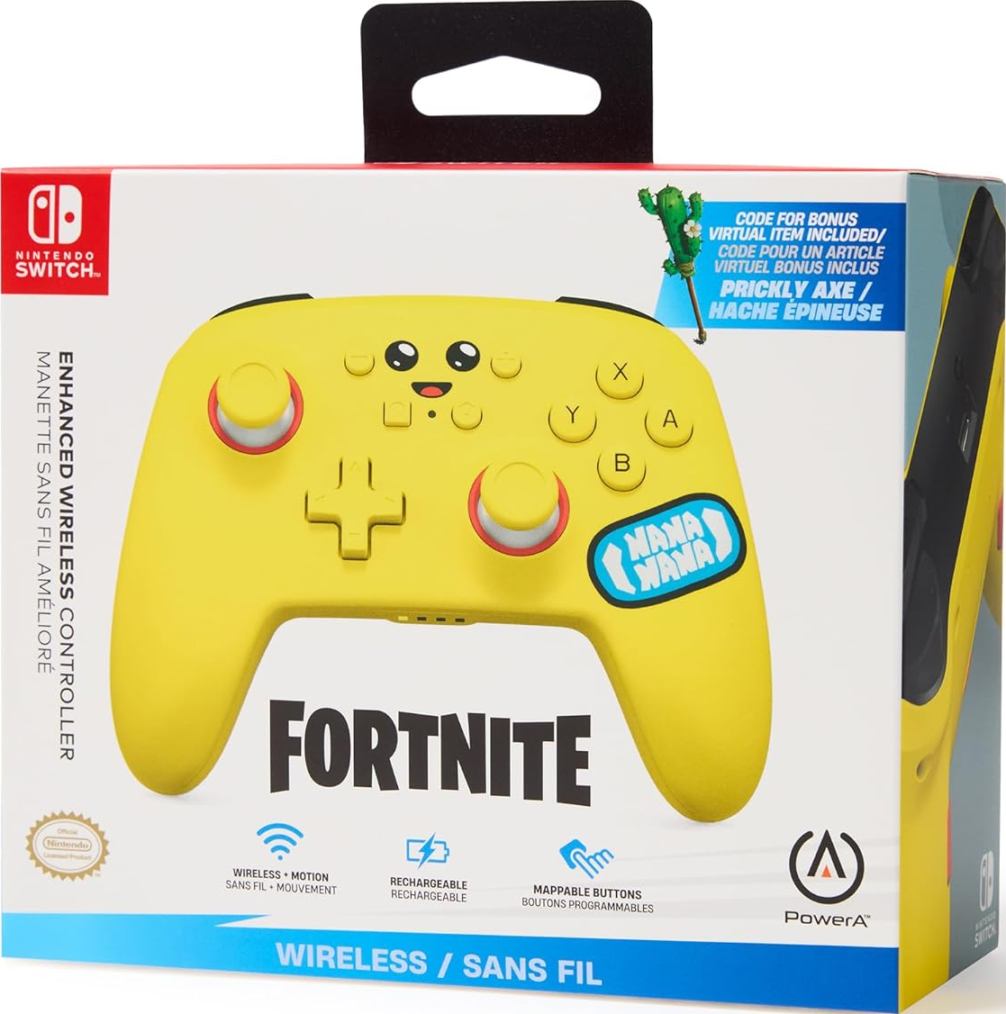 Manette Switch jaune sur le thème de Fortnite dans une boîte, avec icônes et texte.