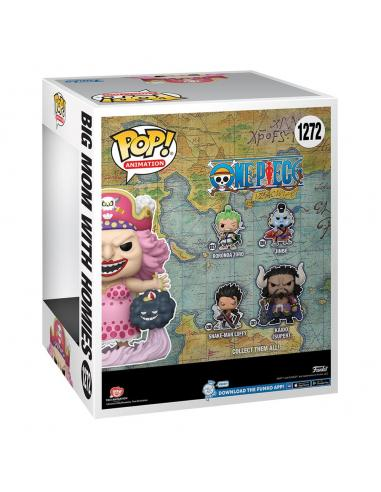 Una caja blanca con una figura Funko Pop de Big Mom, con figuras de otros personajes de One Piece.