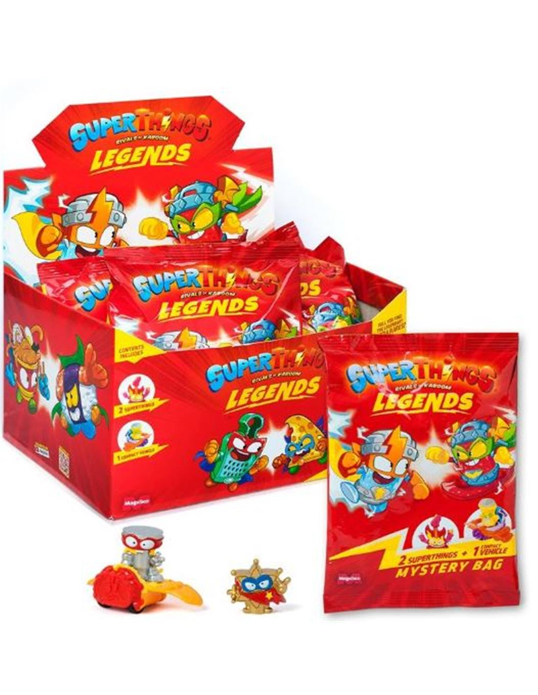 Caja de juguetes SuperThings con paquetes y figuras. Colores rojo y azul.