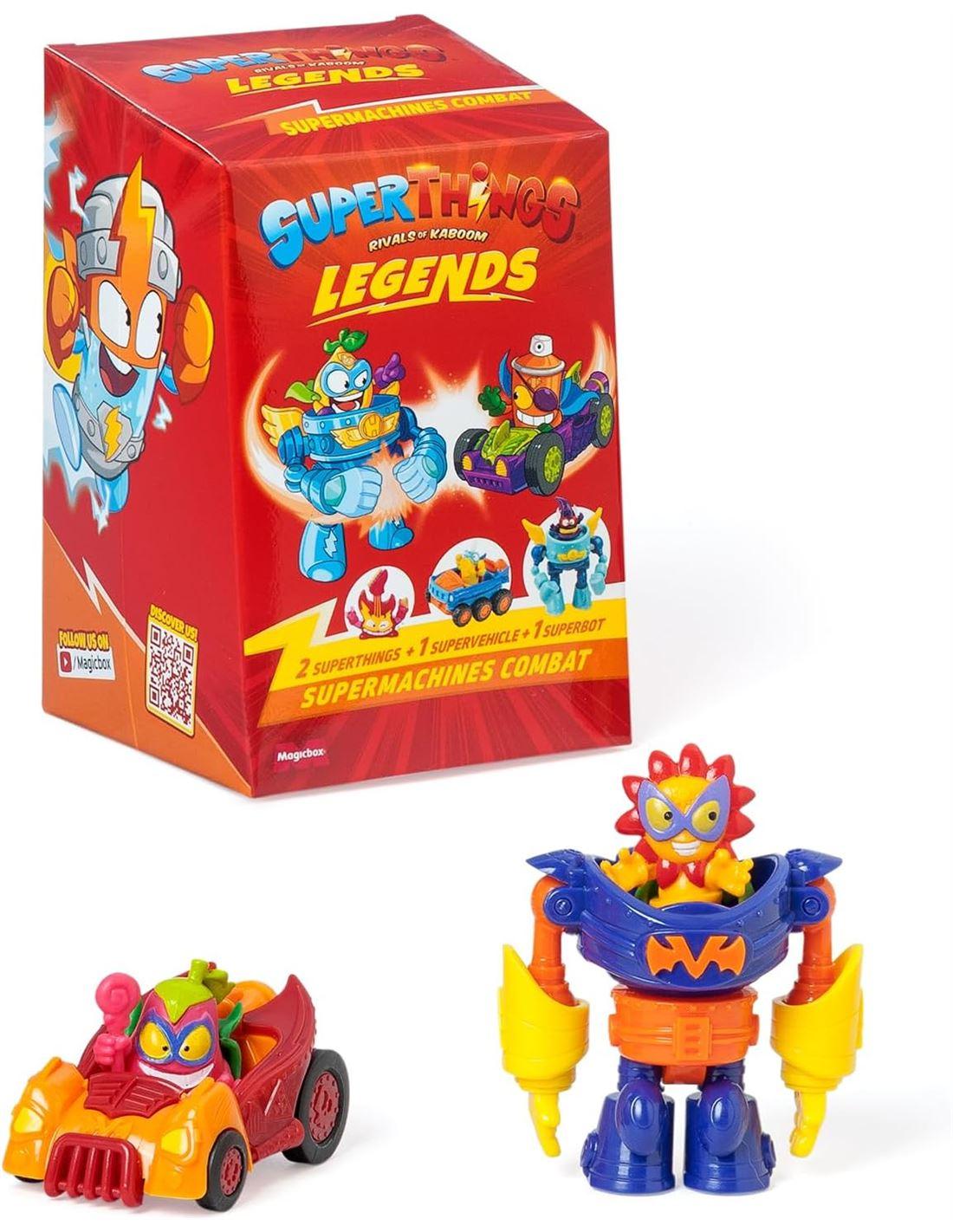 Caja de juguetes SuperThings. Incluye coches de juguete, un robot de juguete y dos personajes de juguete en la caja.