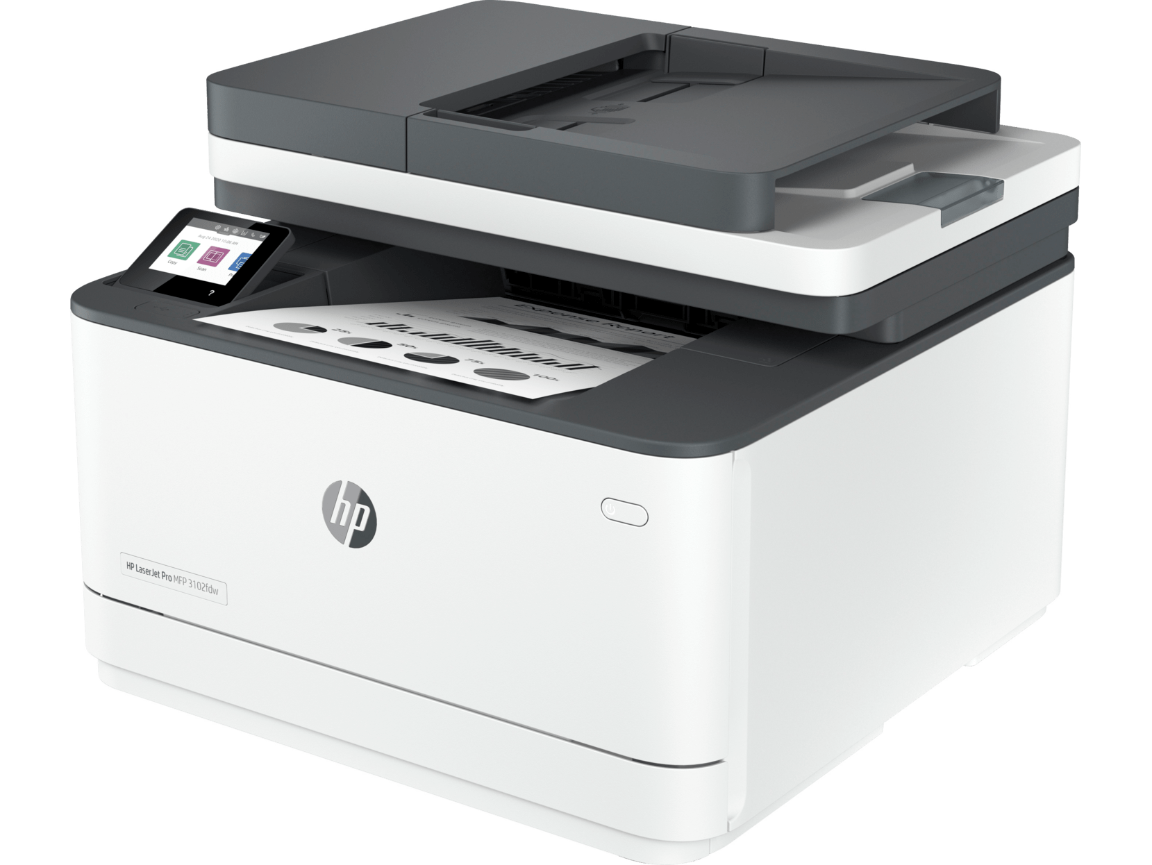 Una impresora HP LaserJet Pro MFP sobre fondo blanco, con un documento que se está imprimiendo.