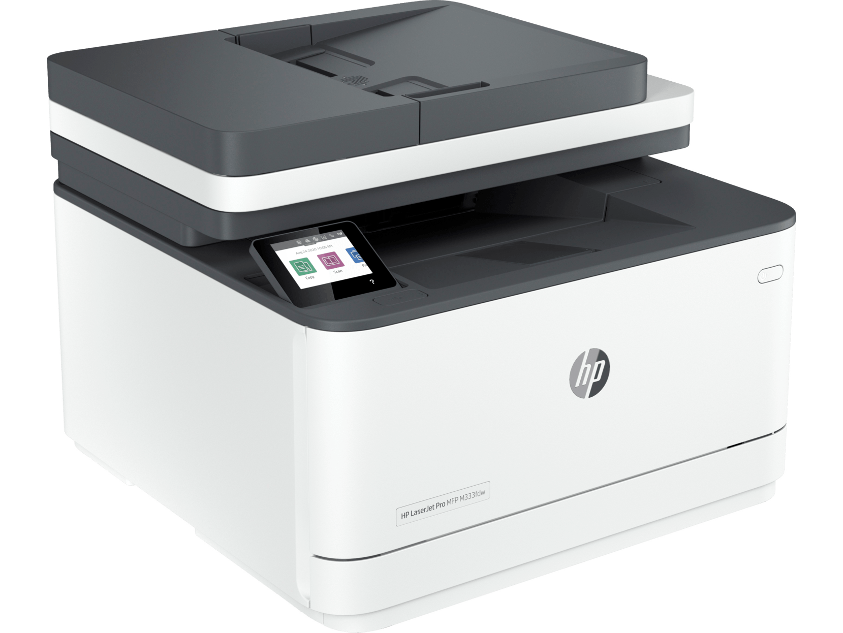 Una impresora HP blanca y gris sobre una superficie blanca.