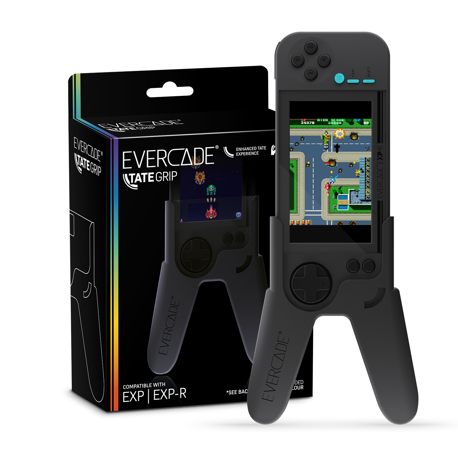Ein schwarzer Evercade TATE GRIP mit einer Handheld-Konsole, die ein Stadtspiel auf ihrem Bildschirm zeigt.