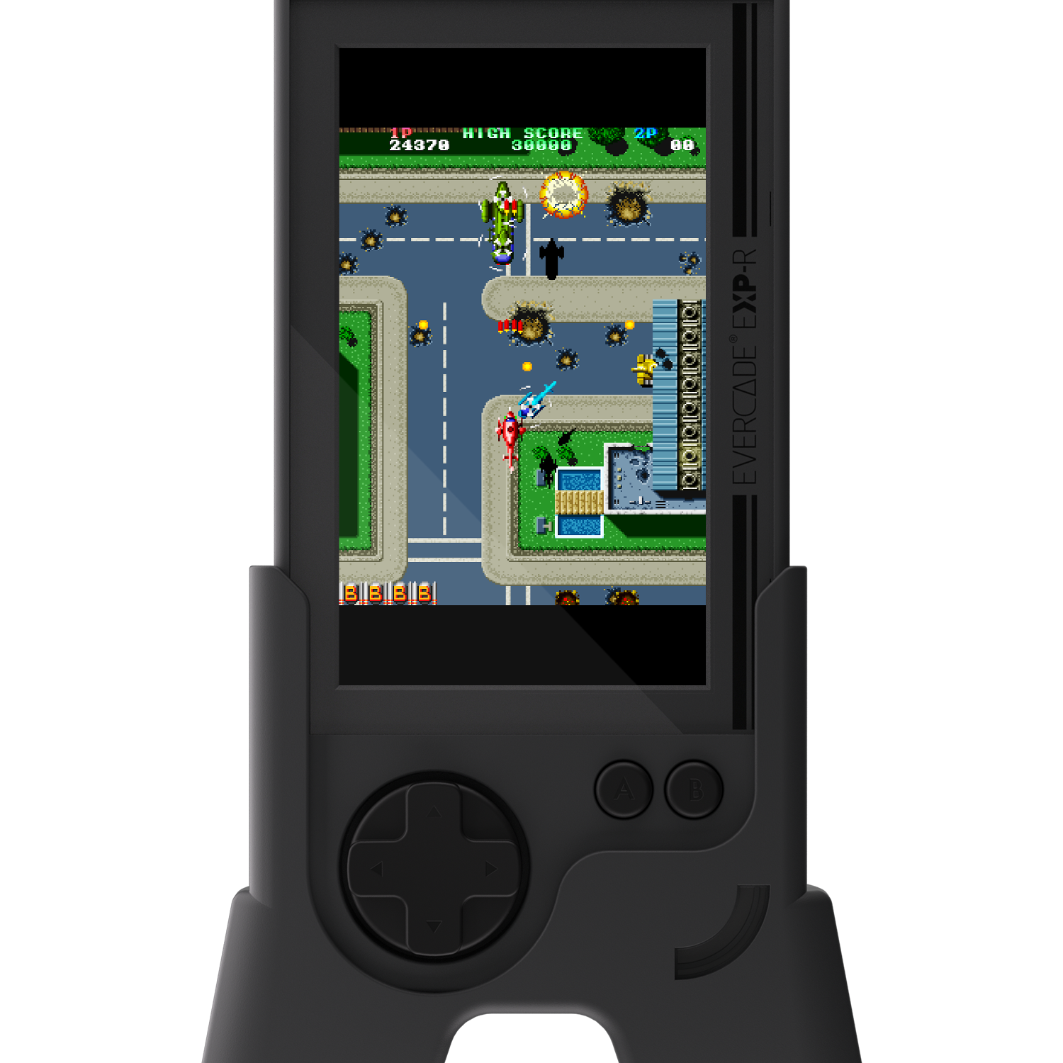 Eine Handheld-Konsole zeigt ein Top-Down-Shooter-Spiel auf einer Straße. Die Konsole hat einen Joystick und Knöpfe.