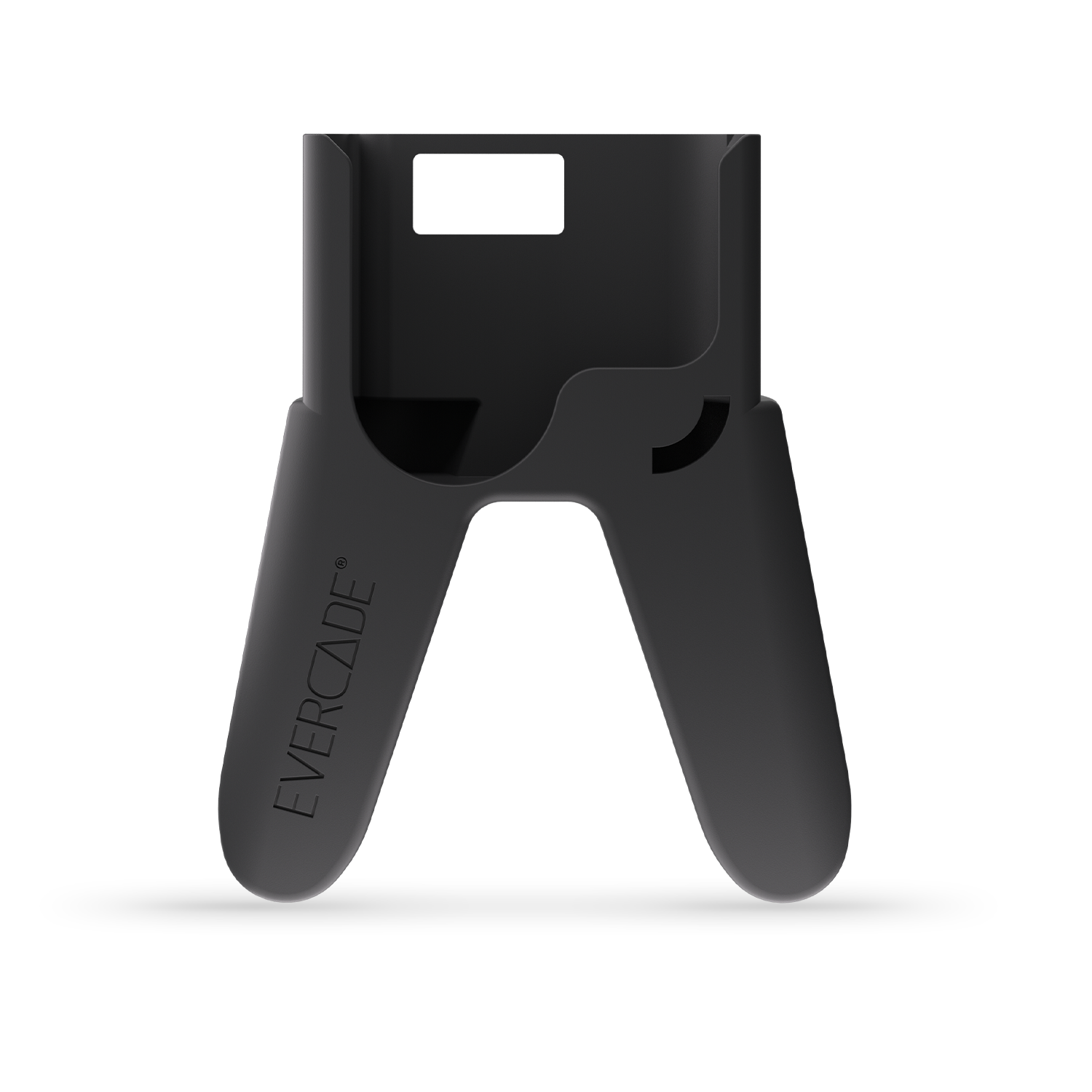 Schwarzer Gamecontroller-Halter mit EVERCADE-Etikett. Isoliert auf schwarzem Hintergrund.