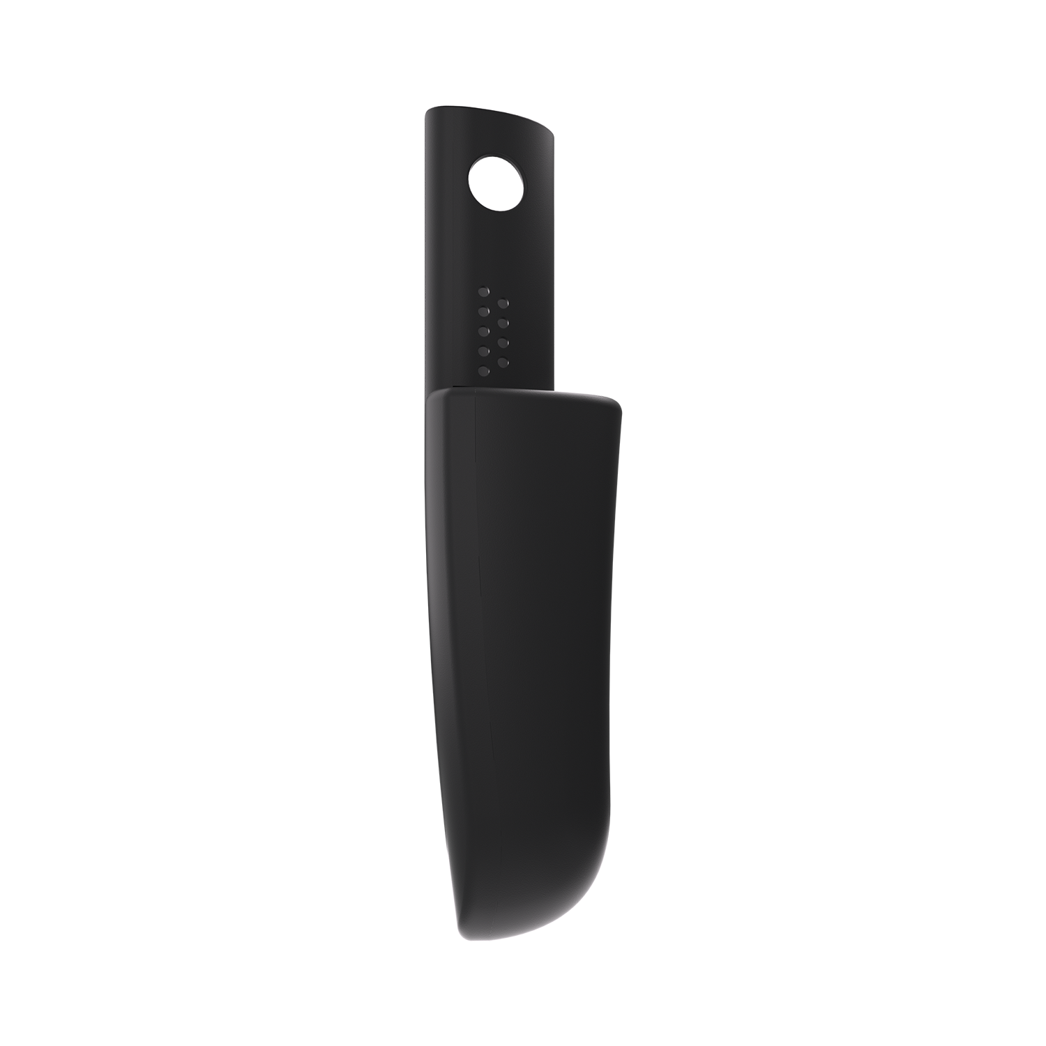 Eine schwarze Smartphone-Hülle, von der Seite betrachtet, vor schwarzem Hintergrund.