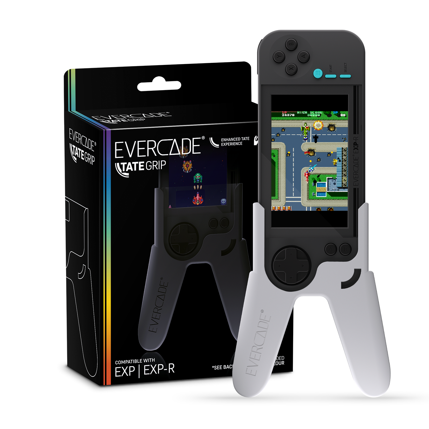 Evercade TATE GRIP Handheld-Konsole und Box. Die Konsole ist schwarz-weiß mit Spielebildschirm.