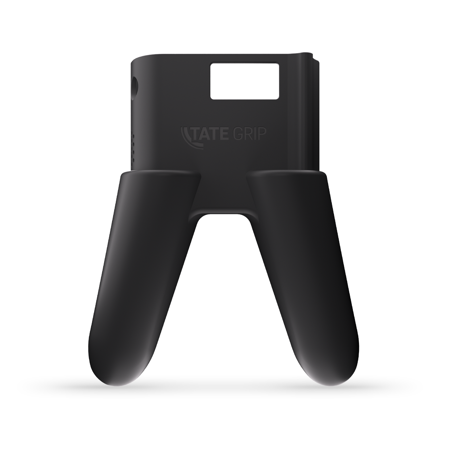 Ein schwarzer TATE GRIP Controllerhalter. Es ist ein schwarzes V-förmiges Gerät mit zwei Griffen.