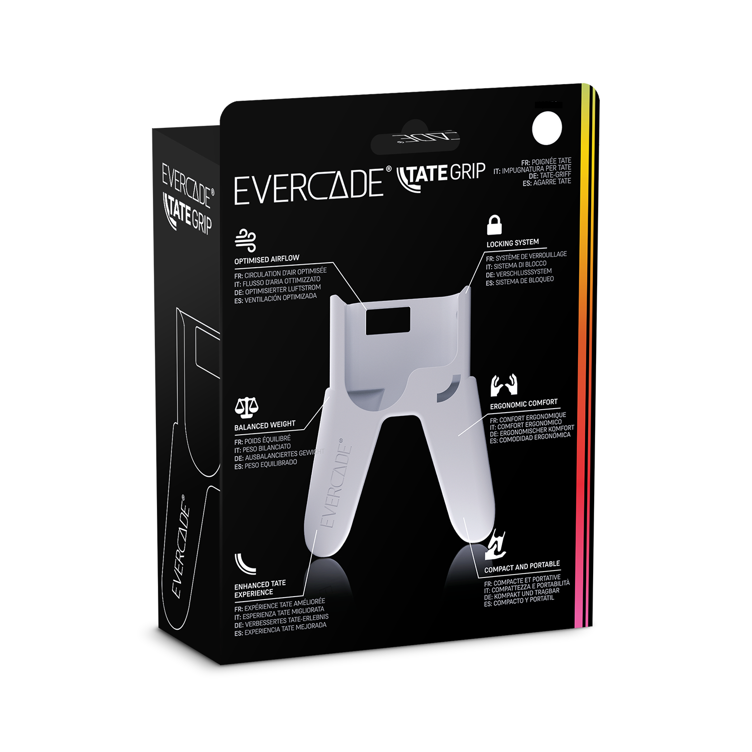 Ein weißes Evercade Tate Grip Zubehör in seiner Verpackung. Die Verpackung ist schwarz und weiß.