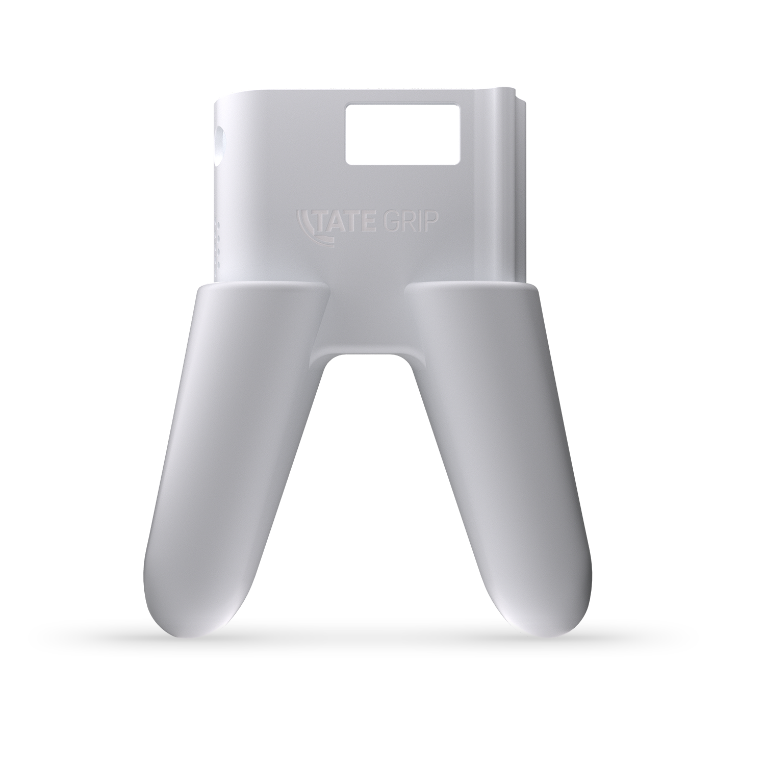 Weißer Tate Grip Controller-Halter auf schwarzem Hintergrund.