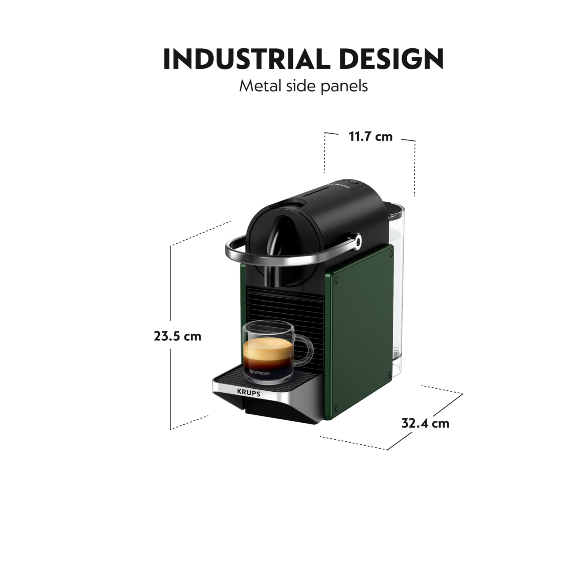 Cafetera espresso verde y negra con taza de vidrio. Dimensiones y texto de diseño industrial.