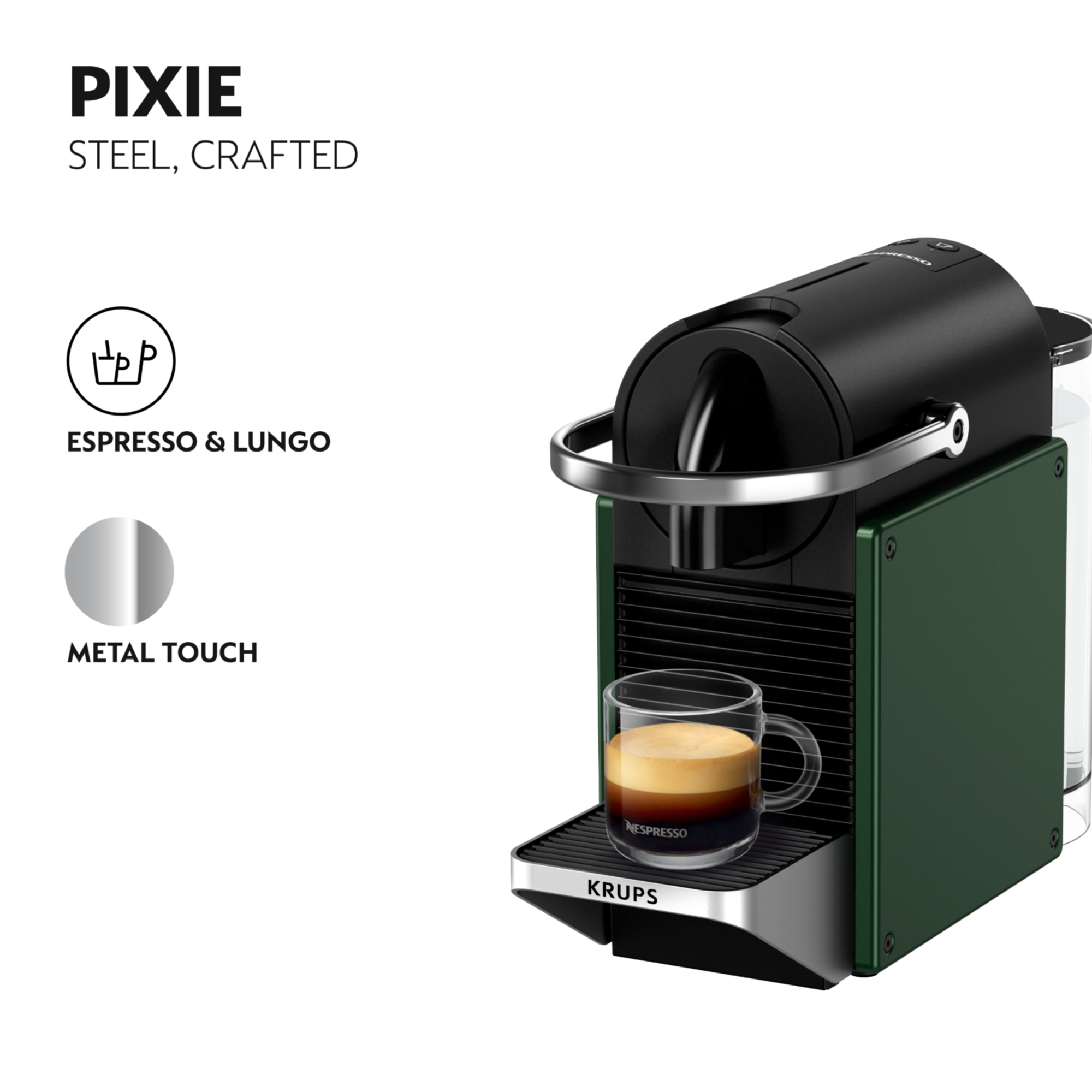 Una cafetera Nespresso Pixie verde y negra con una taza de café de vidrio y una cápsula de café.