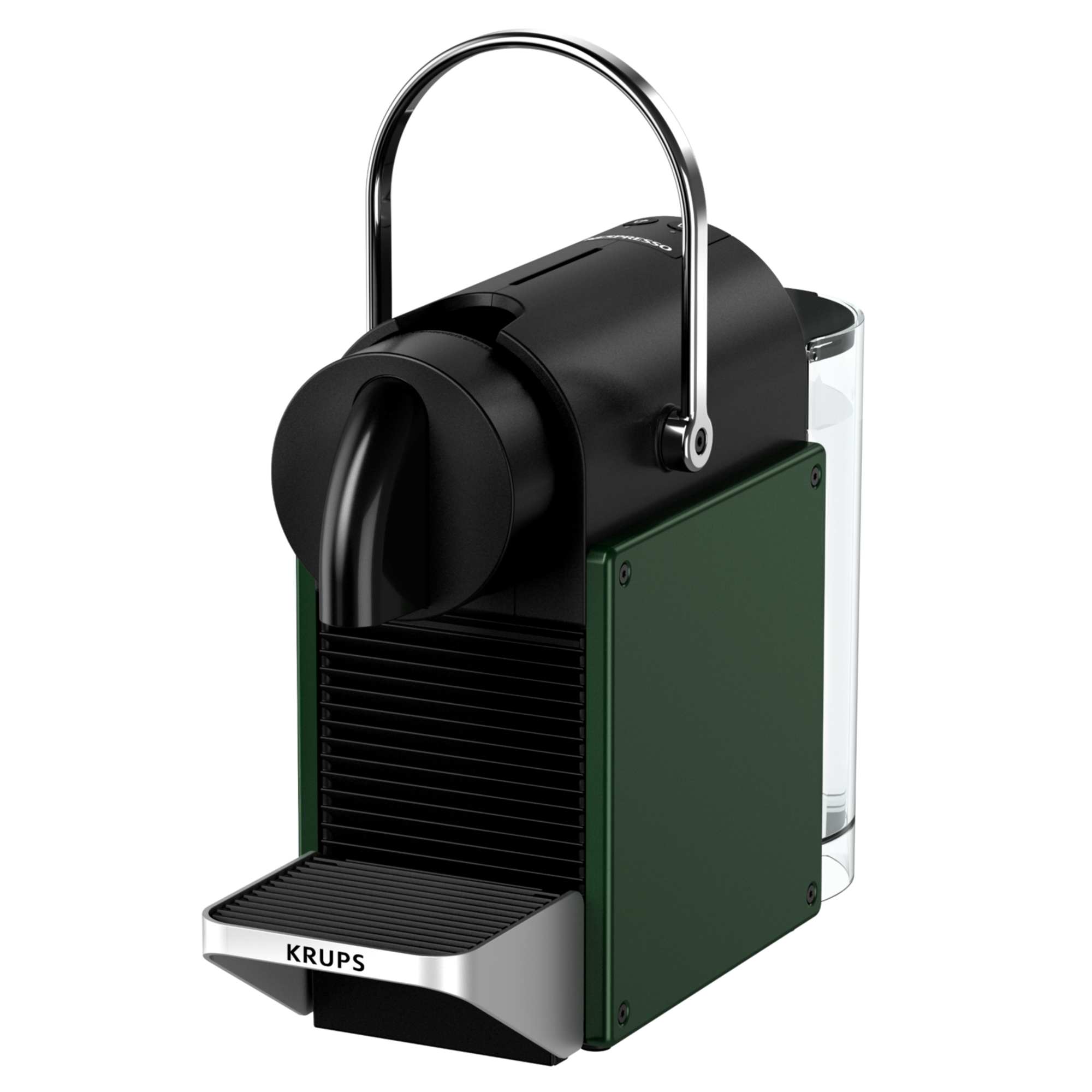 Máquina Krups Nespresso negra y verde, detalles plateados, fondo blanco.