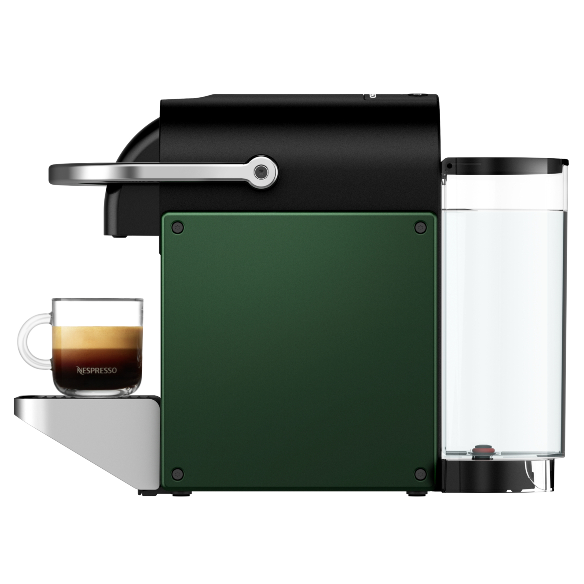 Una cafetera Nespresso negra y verde con una taza de café exprés y un depósito de agua.