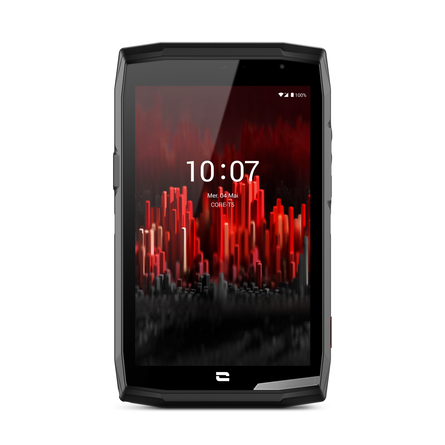 Zwarte, robuuste smartphone met een rood abstract ontwerp op het scherm, samen met de tijd.