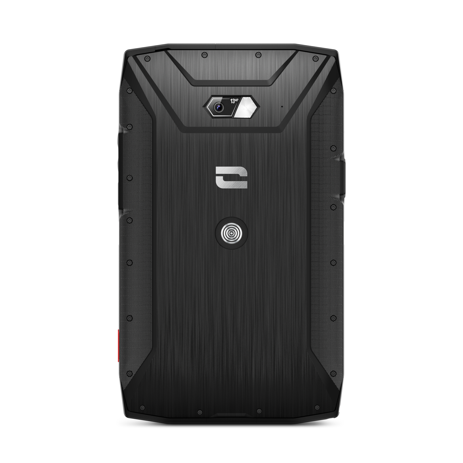 Een zwarte, robuuste telefoon, met de achterkant, een camera en een logo.