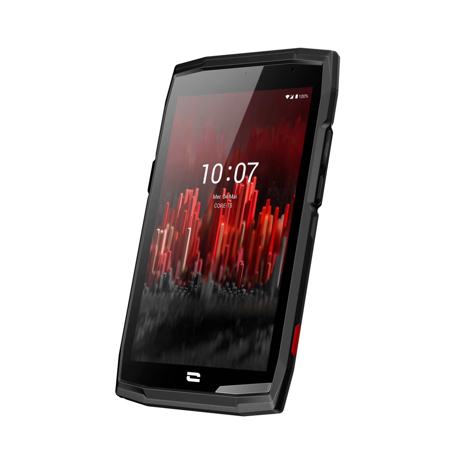 Tablet, zwart met rode accenten. Scherm toont tijd en abstracte rode achtergrond.