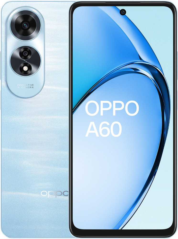Smartfon. Niebieski gradient z logo Oppo. Aparat z dwoma obiektywami. Czarny ekran.
