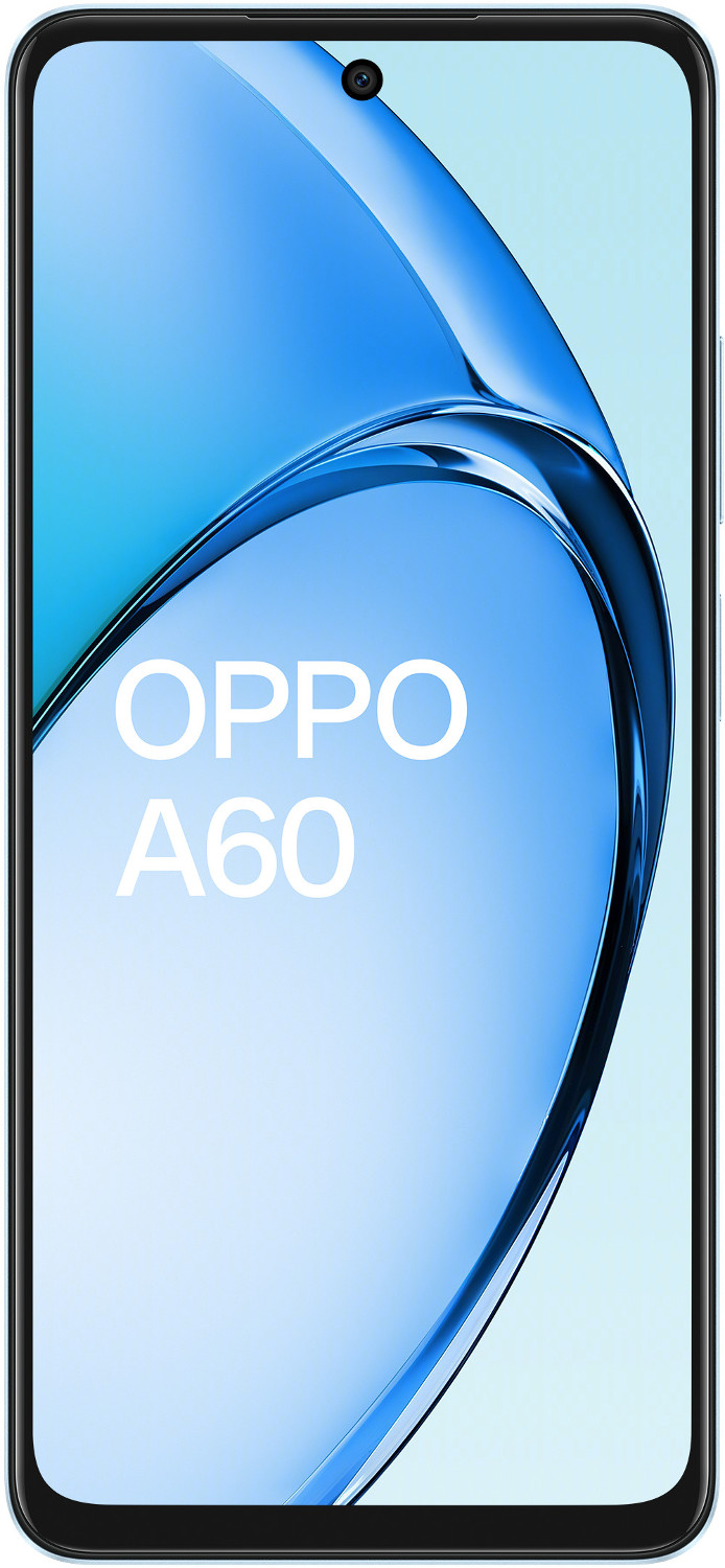 Smartfon OPPO A60. Niebieskie tło gradientowe, czarna ramka. Widok z przodu, aparat centralnie.